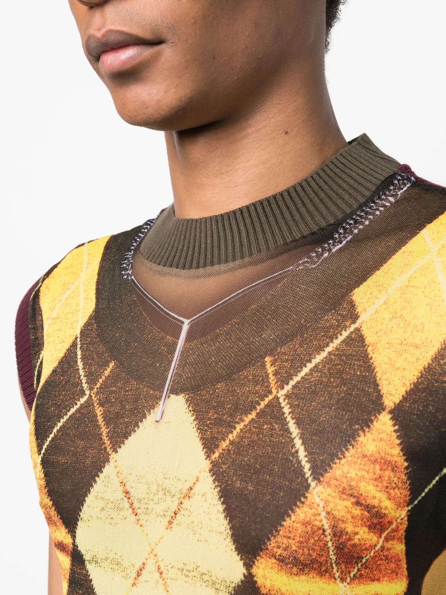 Trompe L'Oeil Argyle mesh tank top