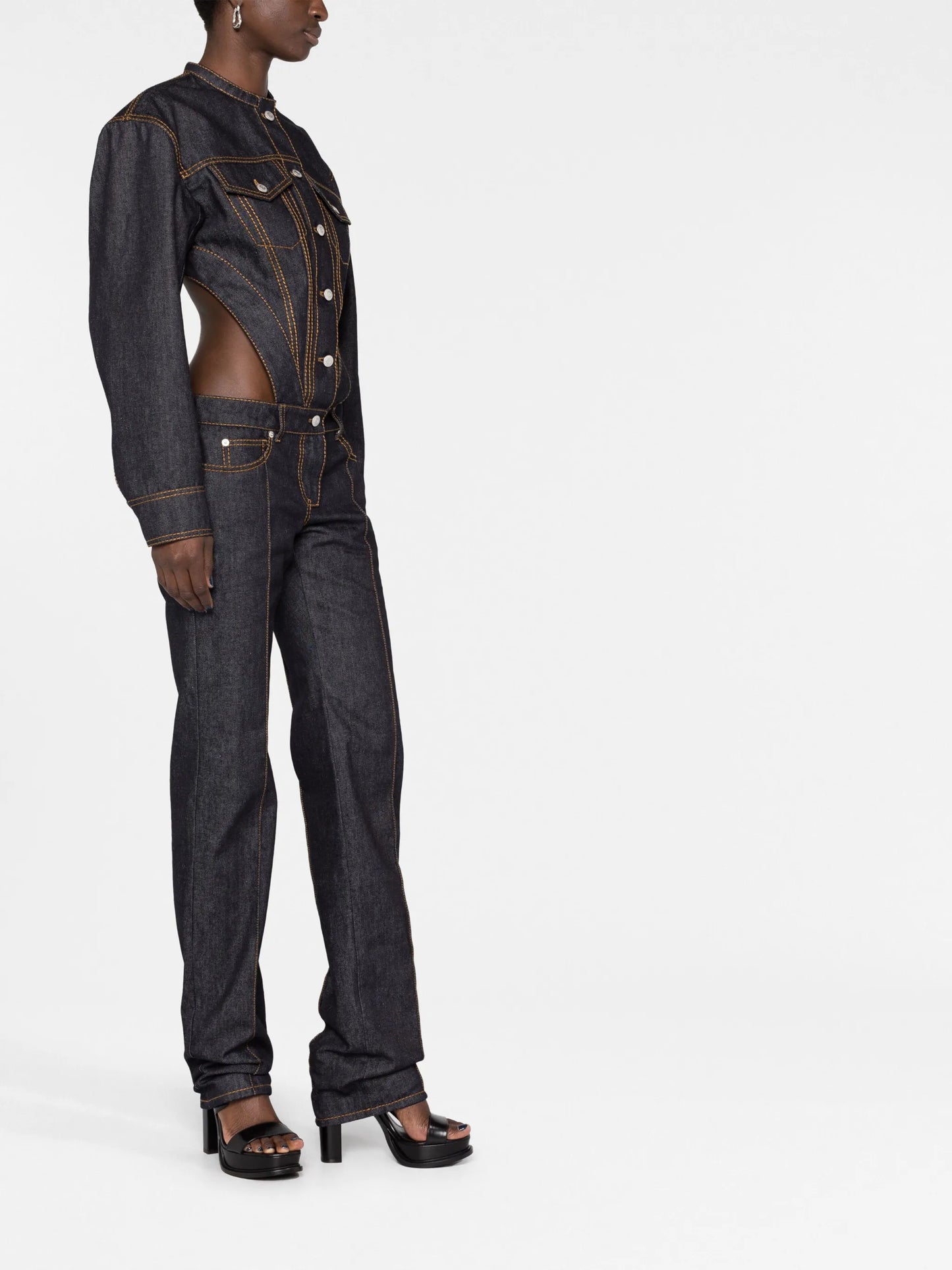 button-up backless denim jumpsuit