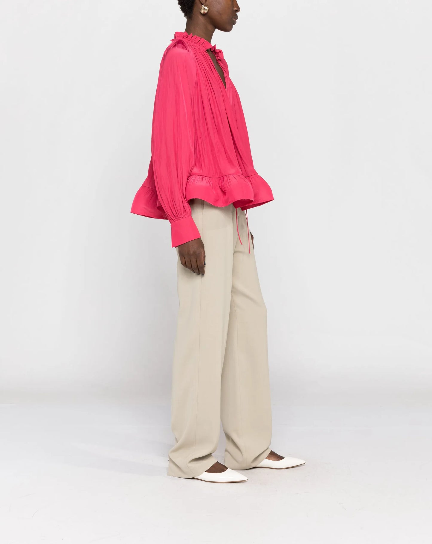 gathered-neck ruffled-hem blouse