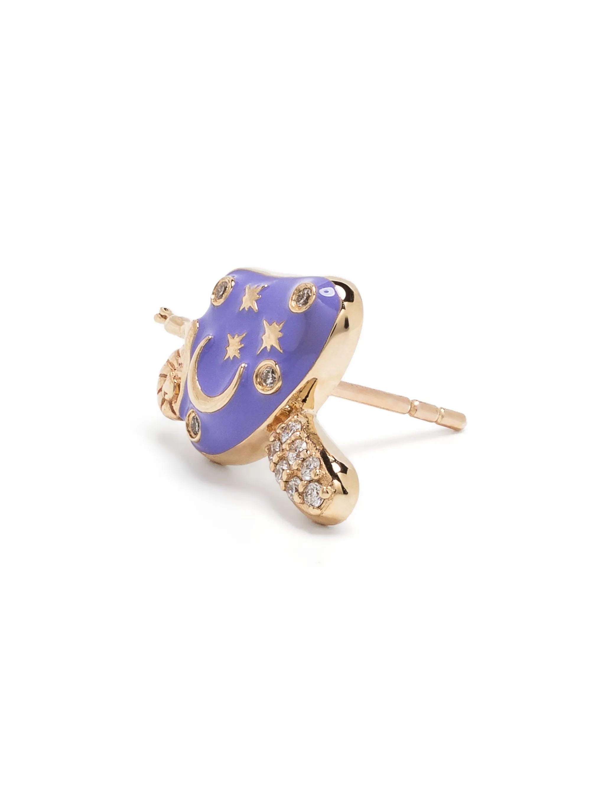 14kt yellow gold Celestial Mushroom diamond and enamel stud earring