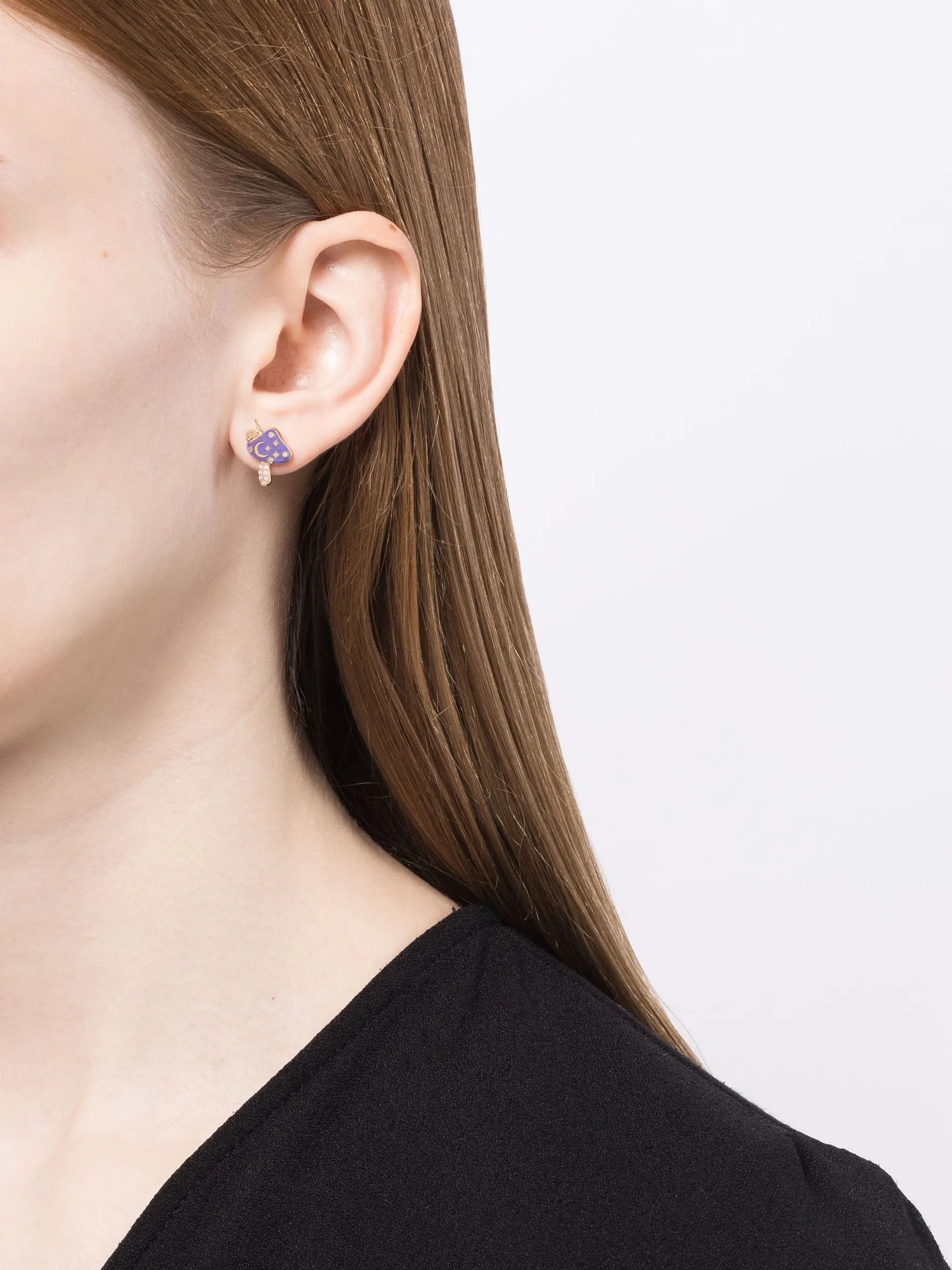 14kt yellow gold Celestial Mushroom diamond and enamel stud earring