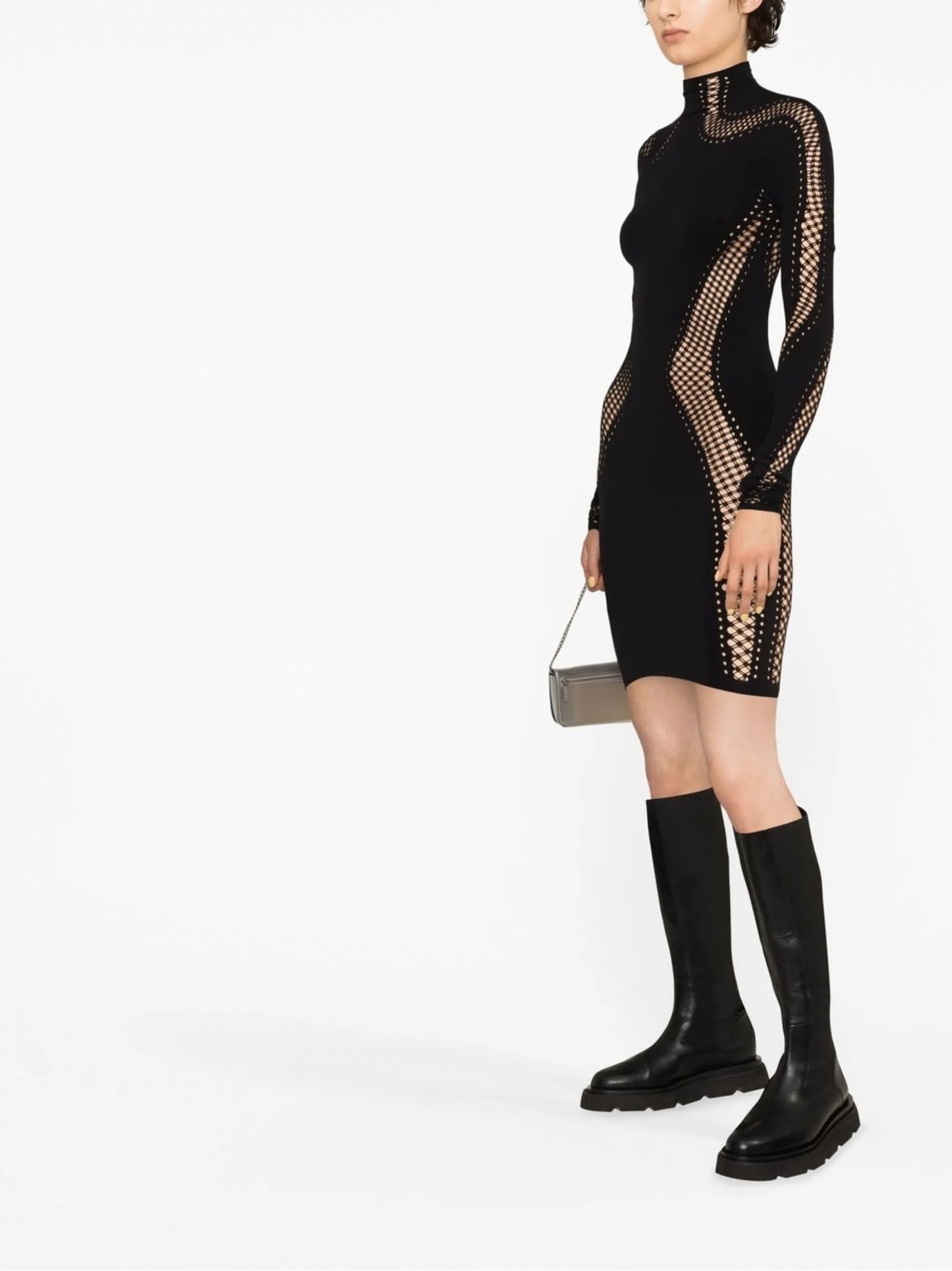 long-sleeve open-knit minidress