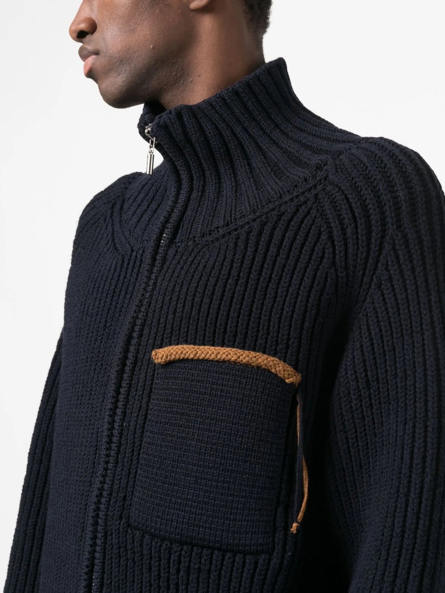 contrast-line high-neck cardigan