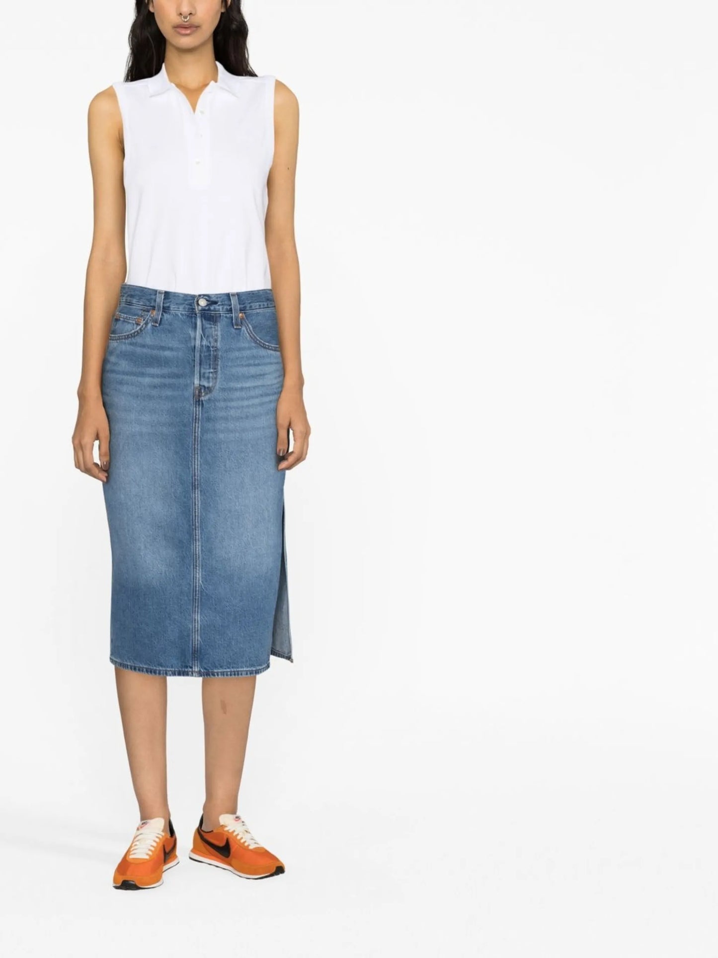 mid-rise denim mid skirt