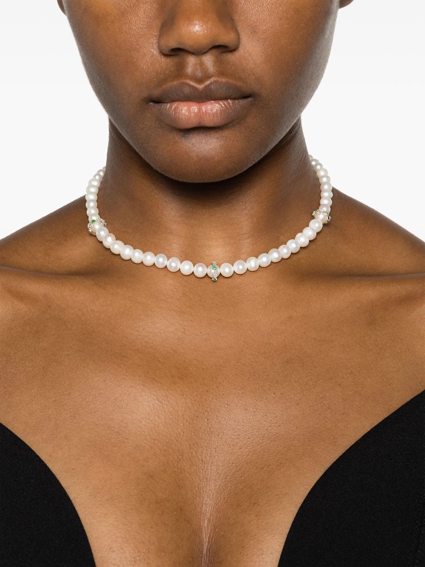 9kt yellow and white gold Chelsea N°2 pearl diamond and emerald necklace