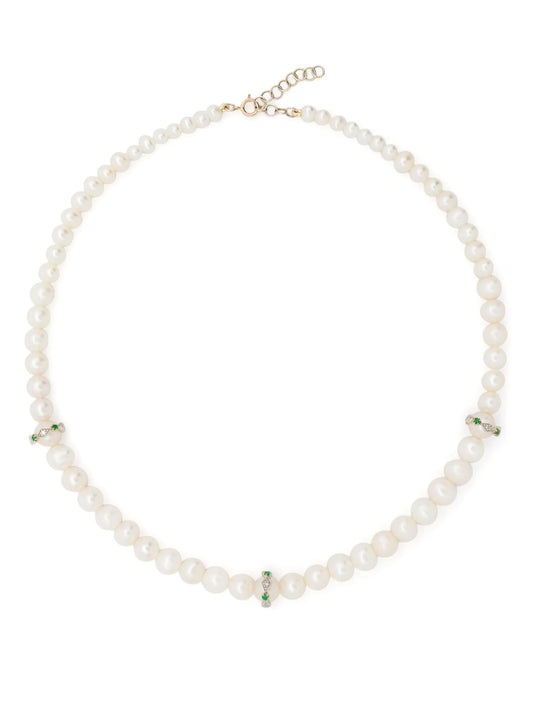 9kt yellow and white gold Chelsea N°2 pearl diamond and emerald necklace
