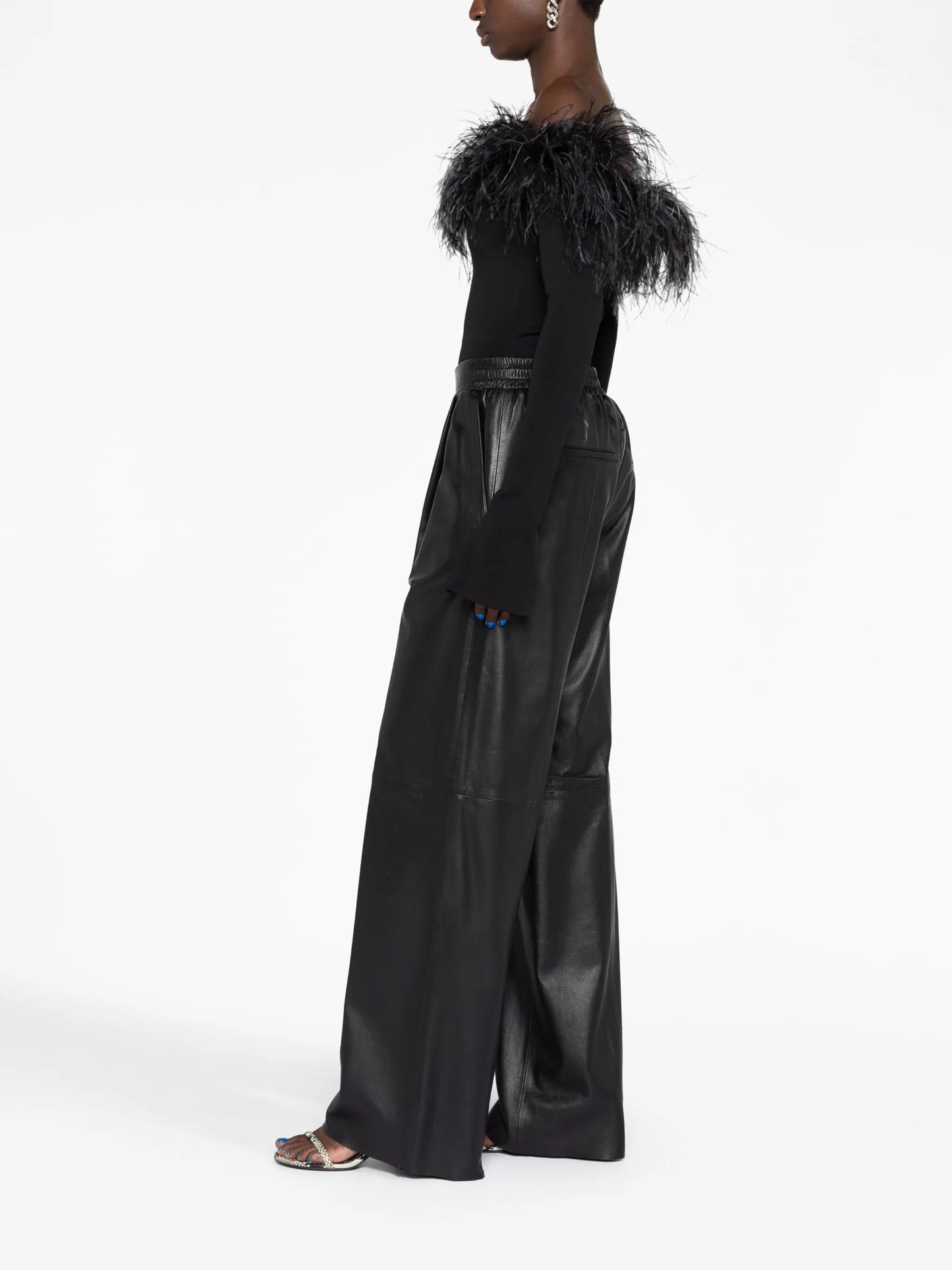 feather-trimmed off-shoulder top