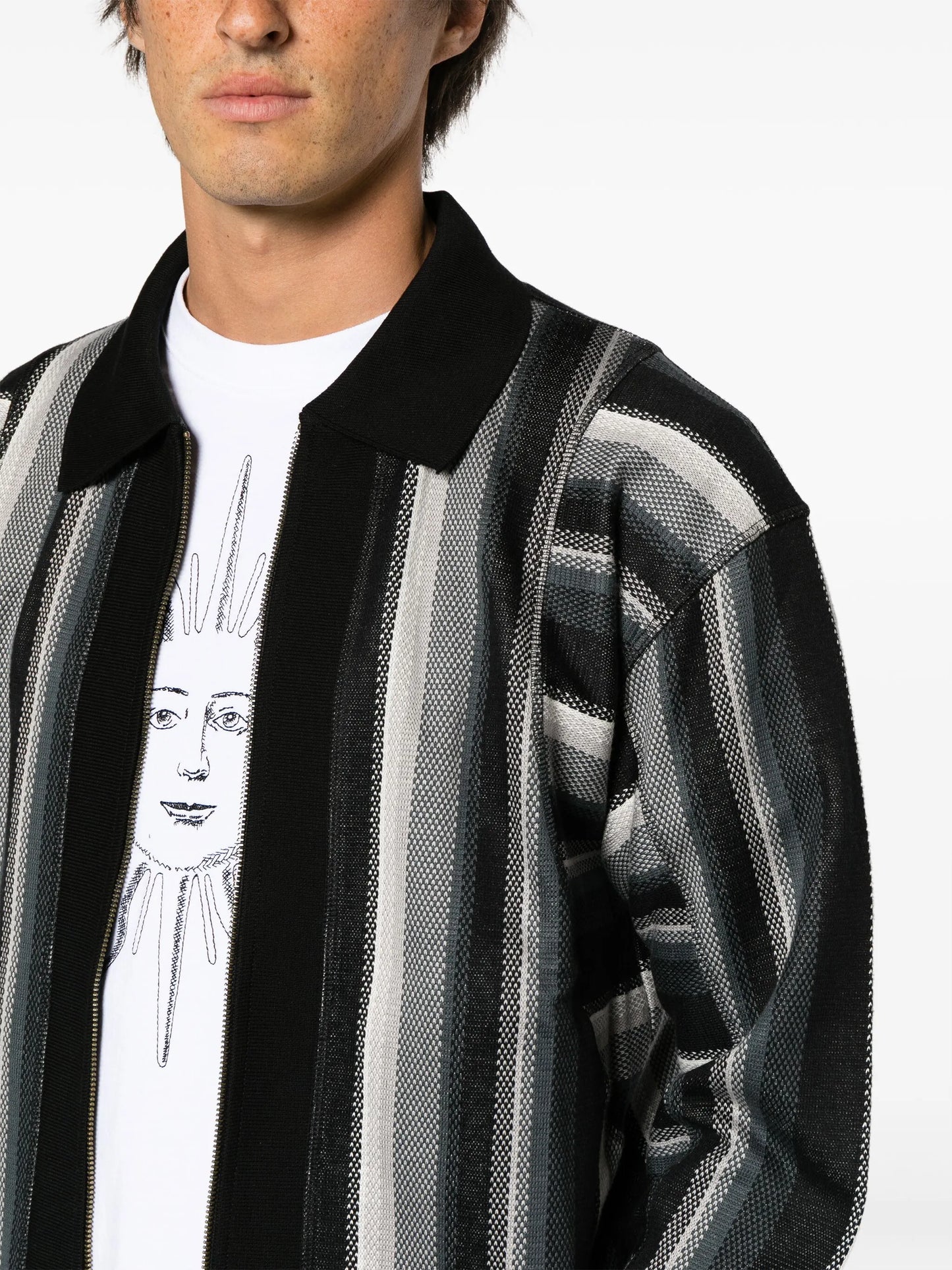striped zip-up cotton polo shirt