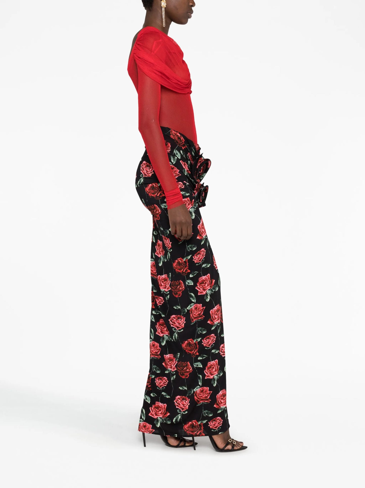 floral-appliqué rose-print skirt