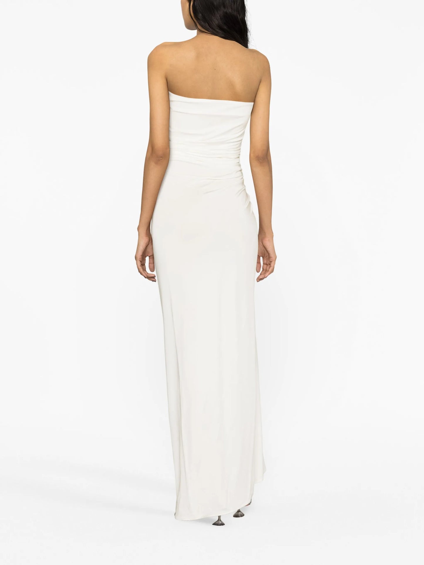 floral-appliqué strapless gown
