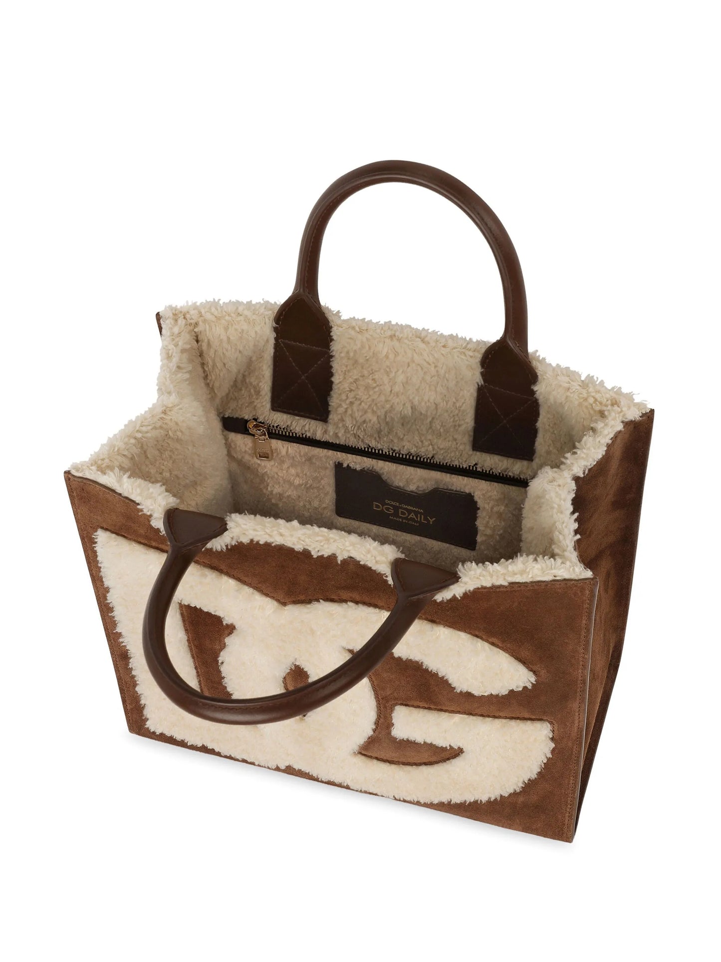 logo-embroidered shearling-detail bag