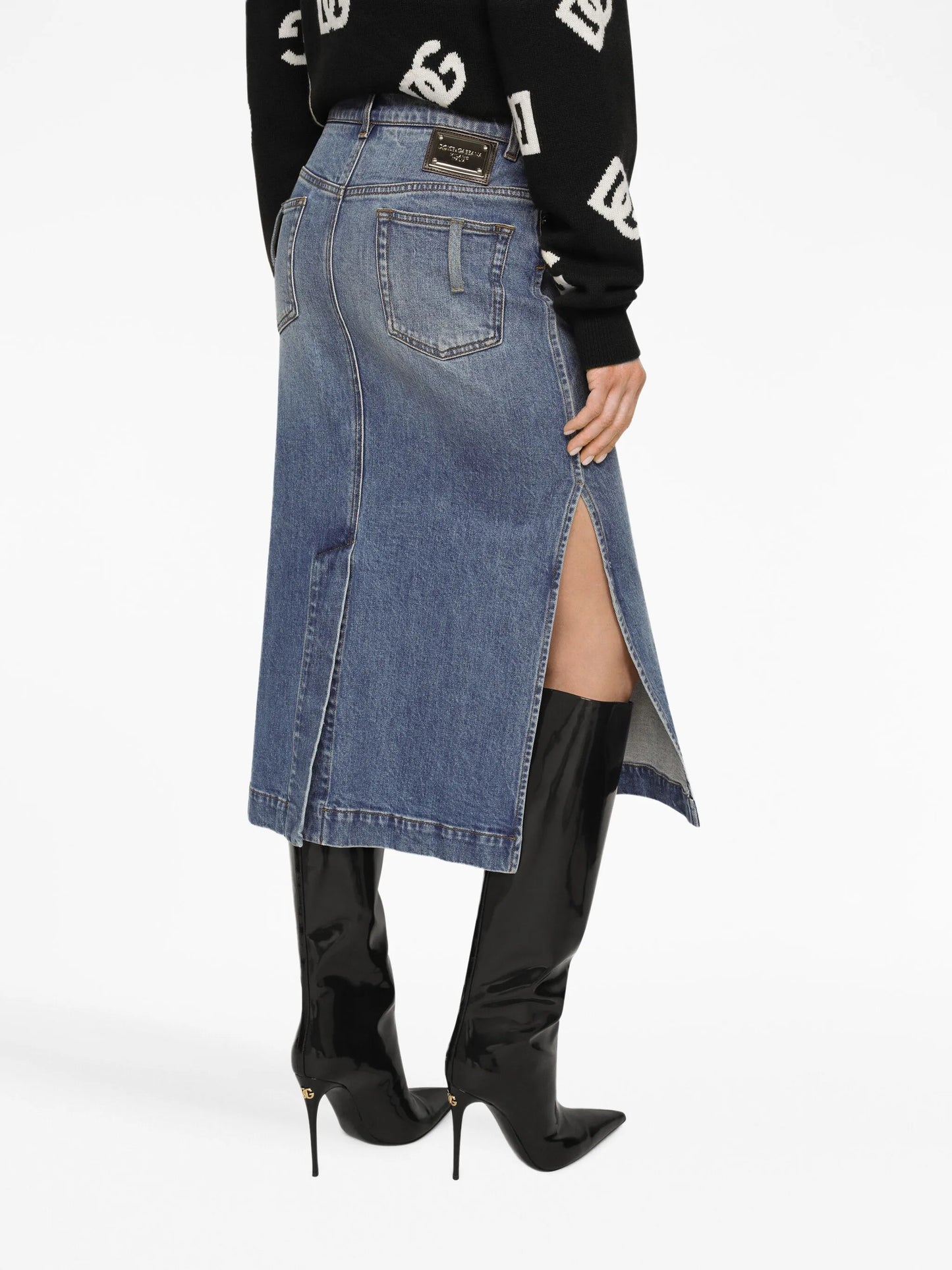 logo-plaque midi denim skirt