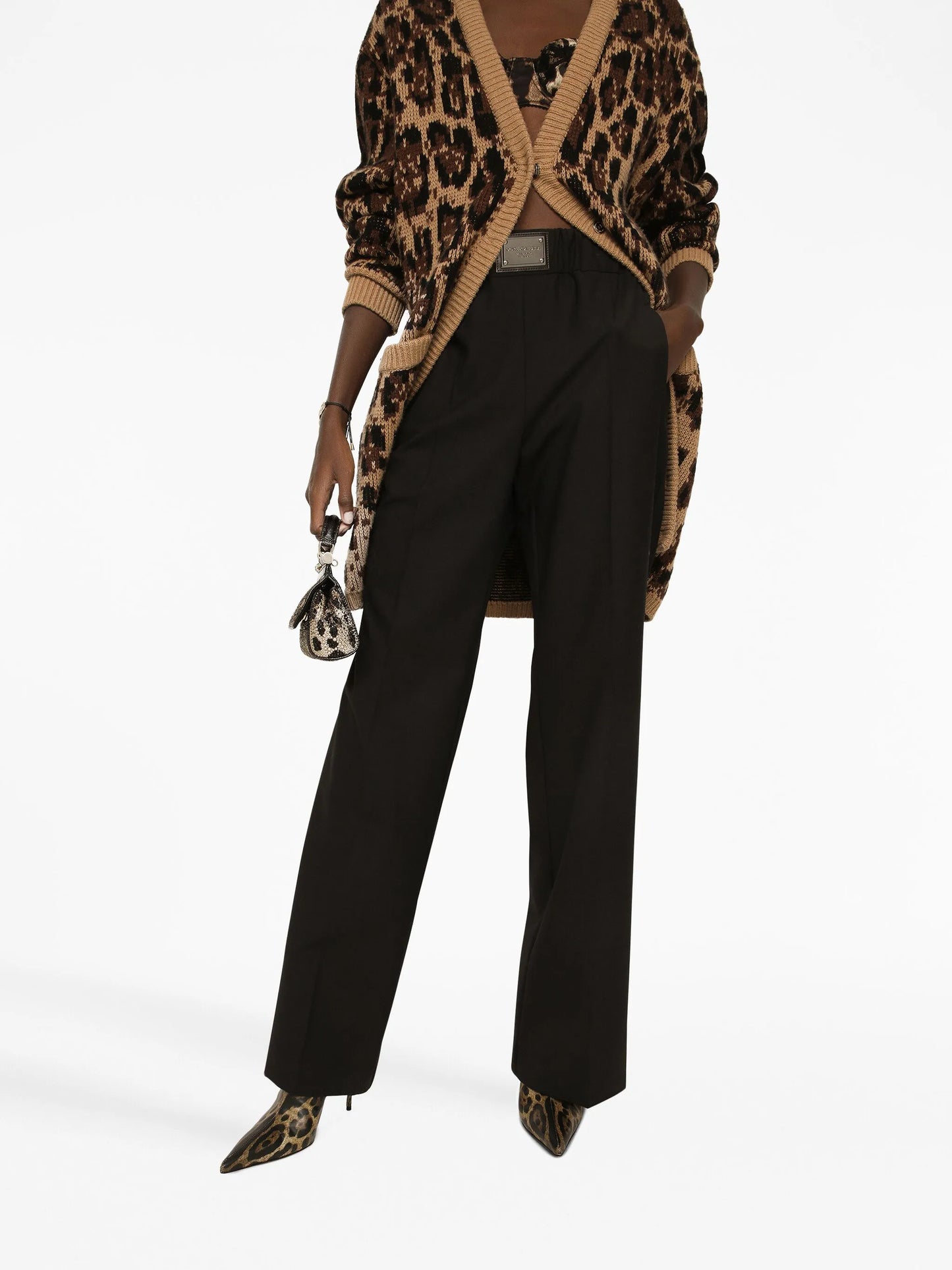 high-waisted flared trousers