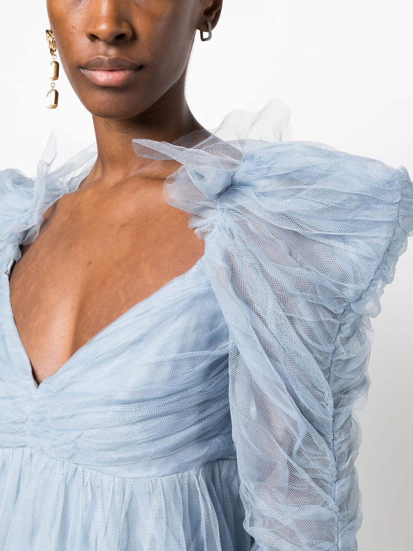 puff-sleeve ruched tulle minidress
