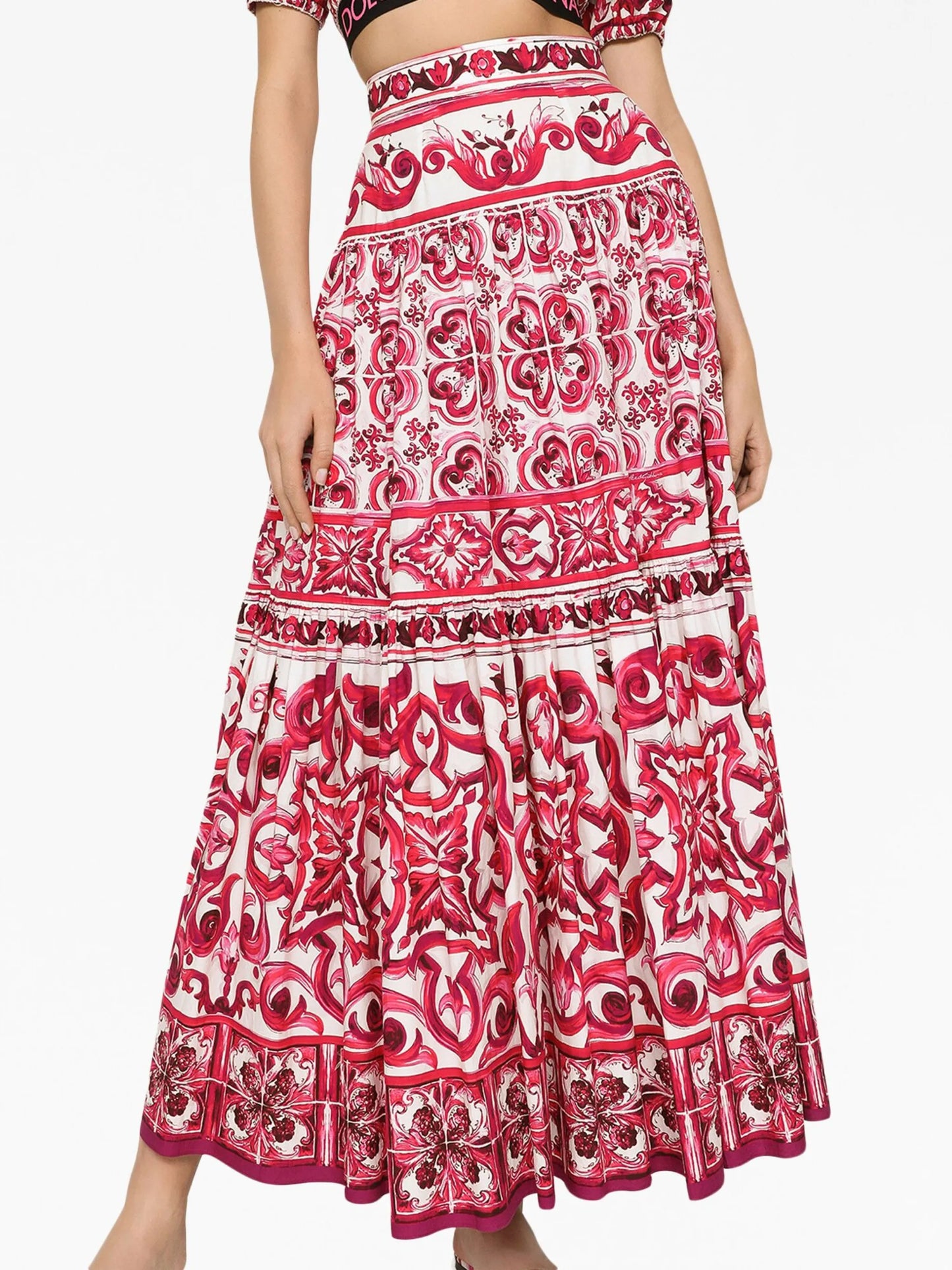 Majolica-print pleated maxi skirt