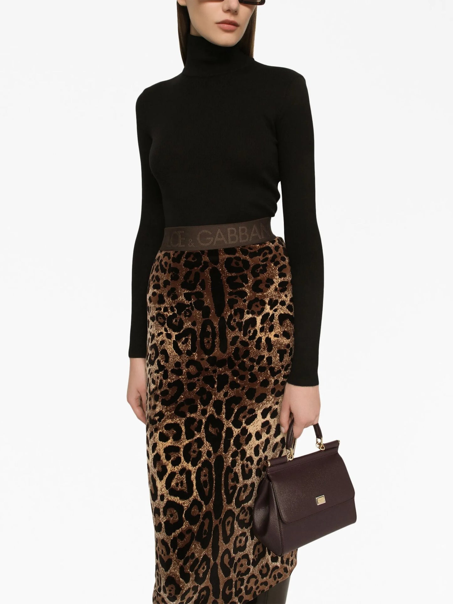chenille leopard-print midi skirt