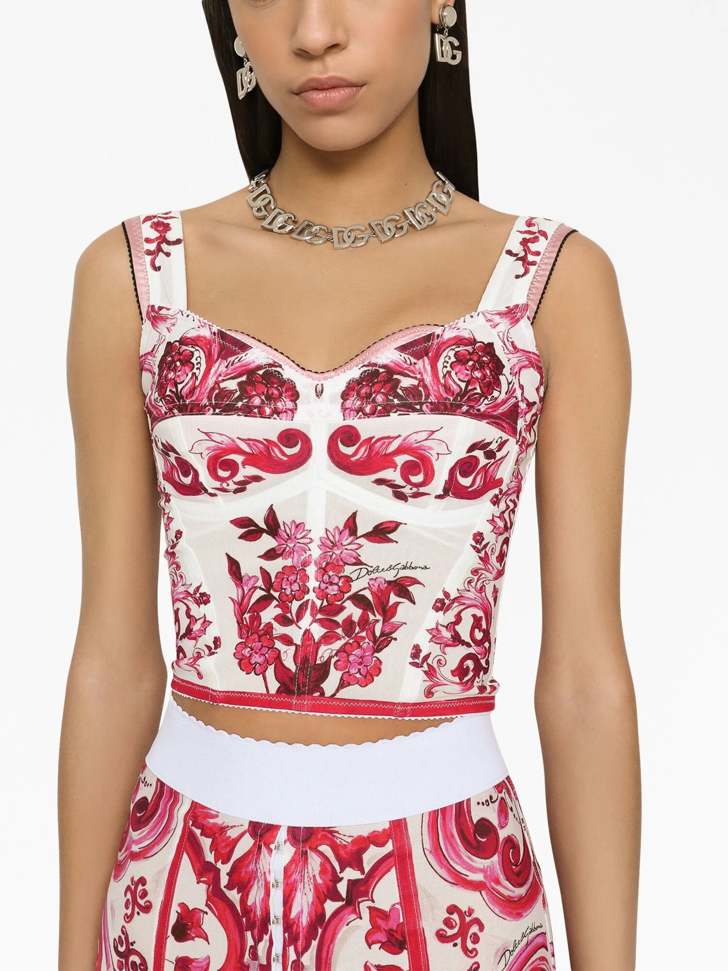 Majolica-print corset top