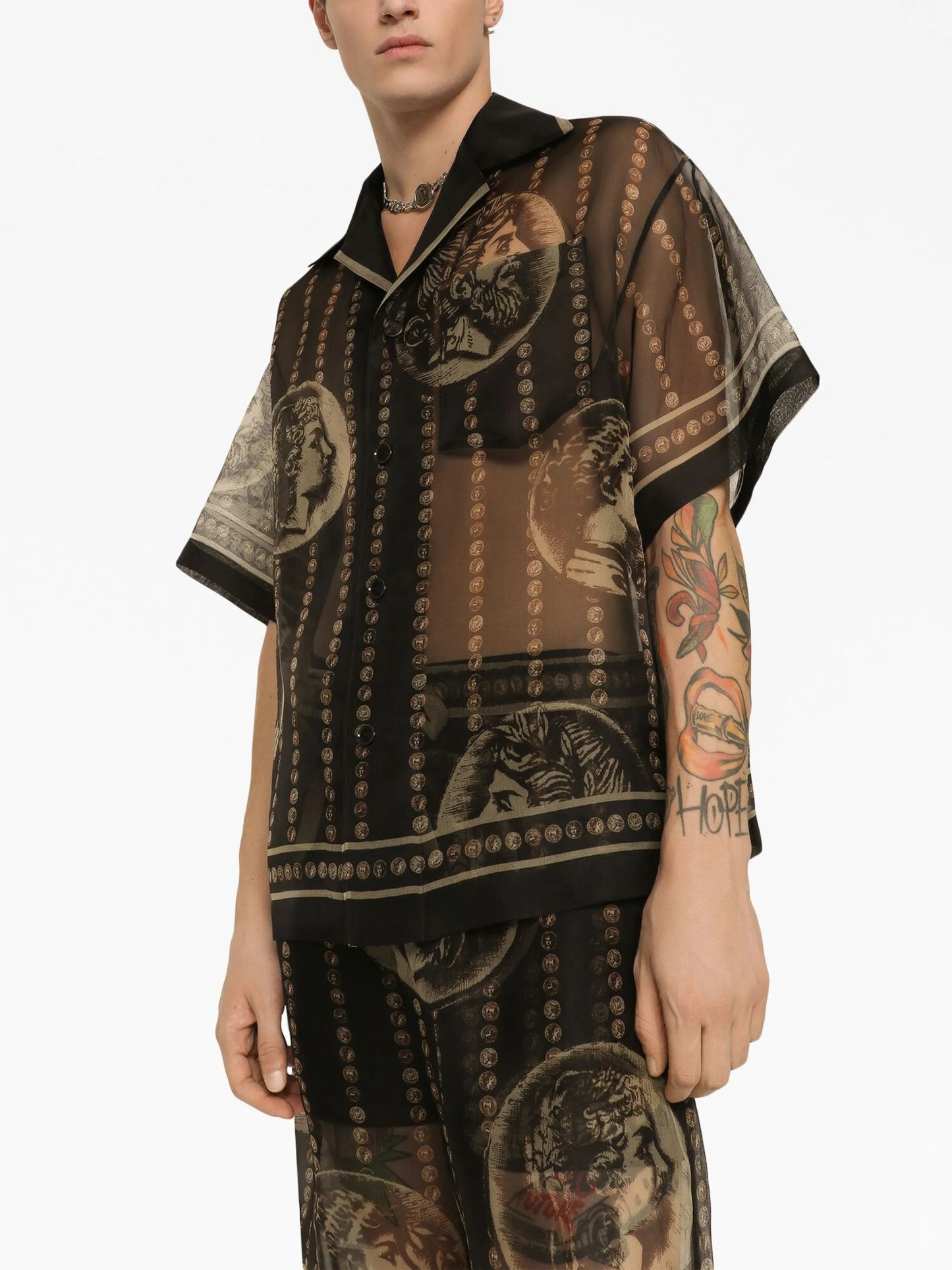 Monete-print sheer silk shirt