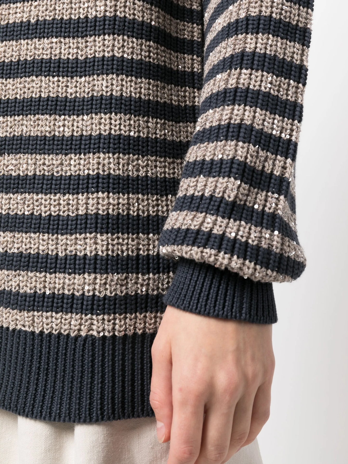 sequinned striped crew neck jumper