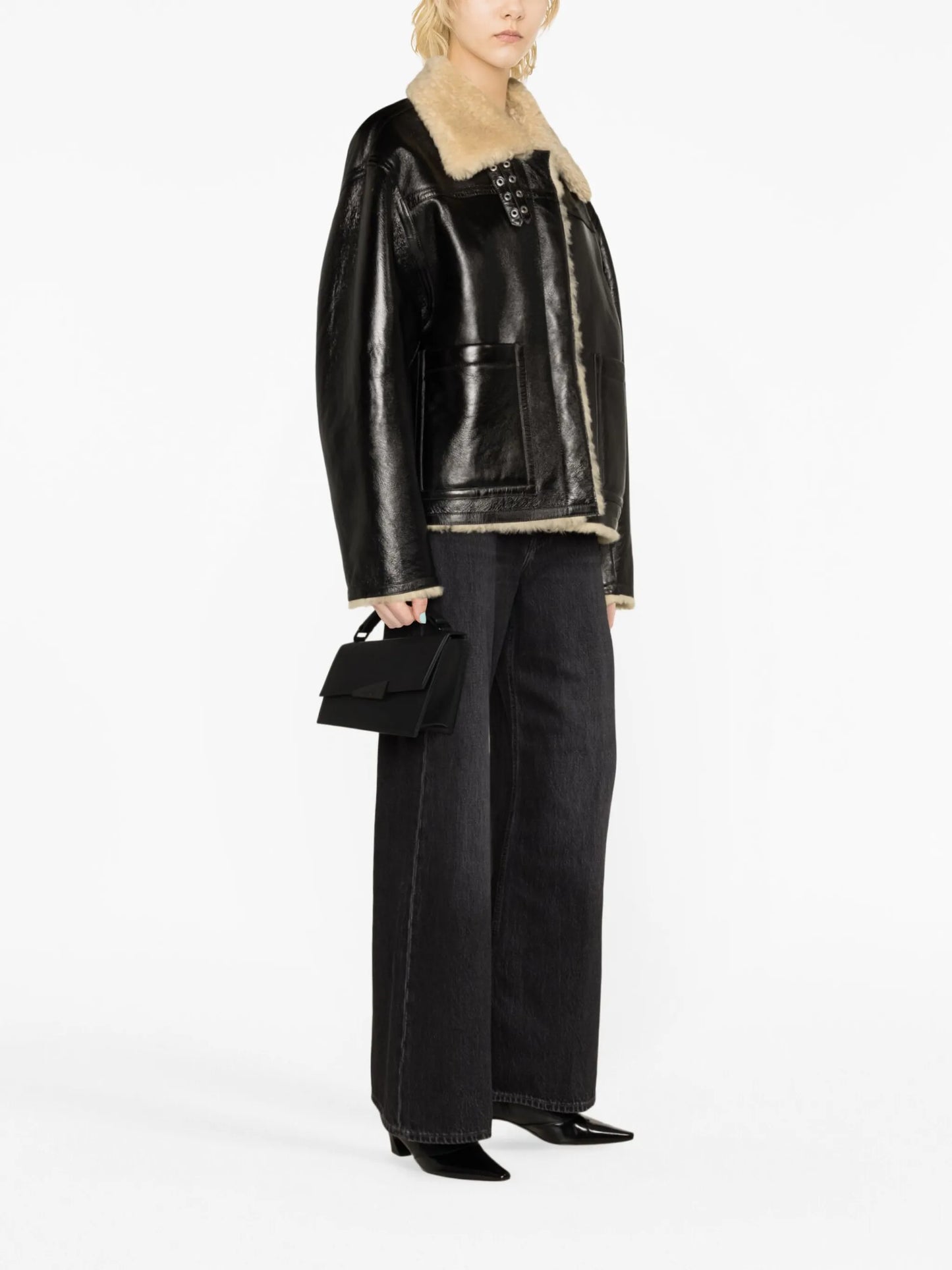 shearling-collar leather jacket