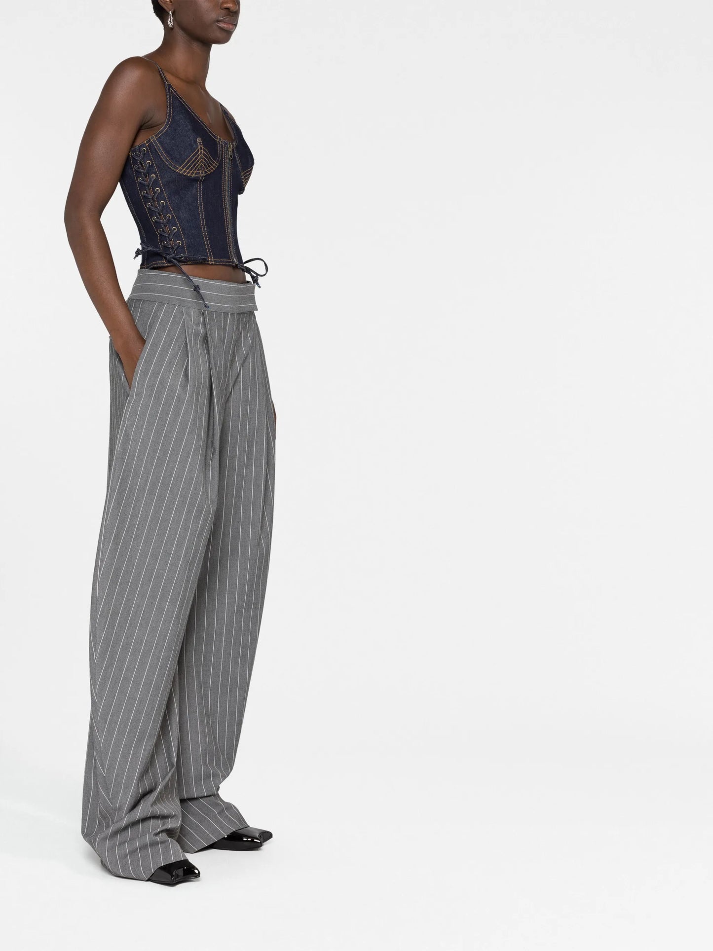 contrast-stitching denim corset top