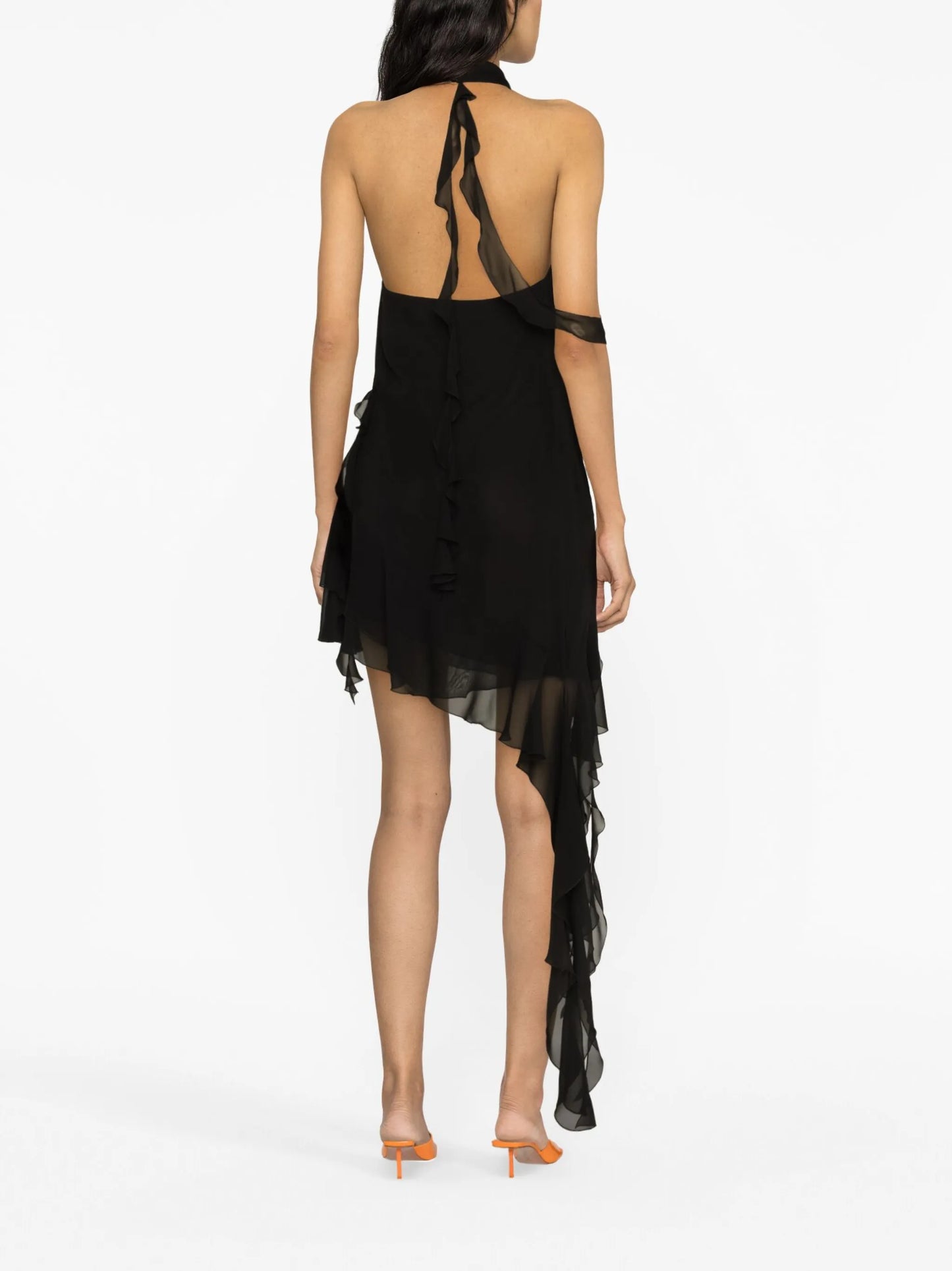 floral-appliqué ruffled halterneck minidress