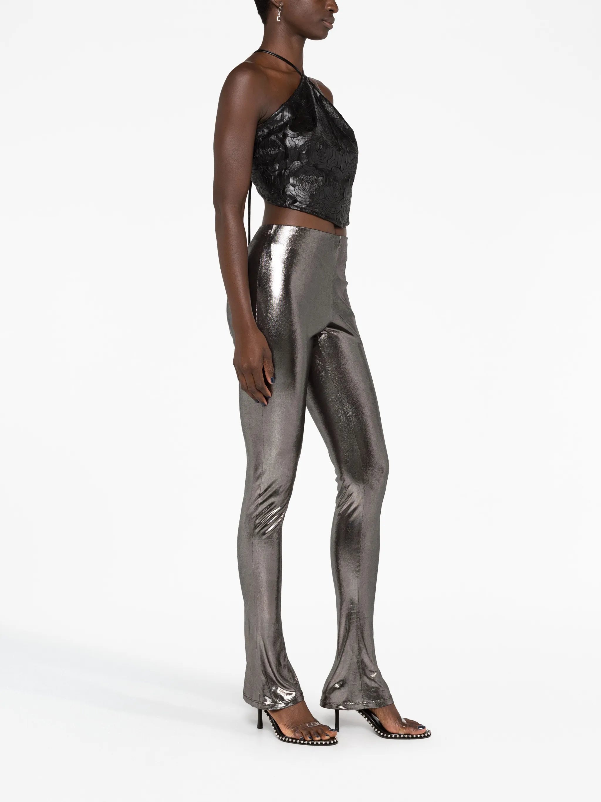 laminated-finish high-waisted trousers