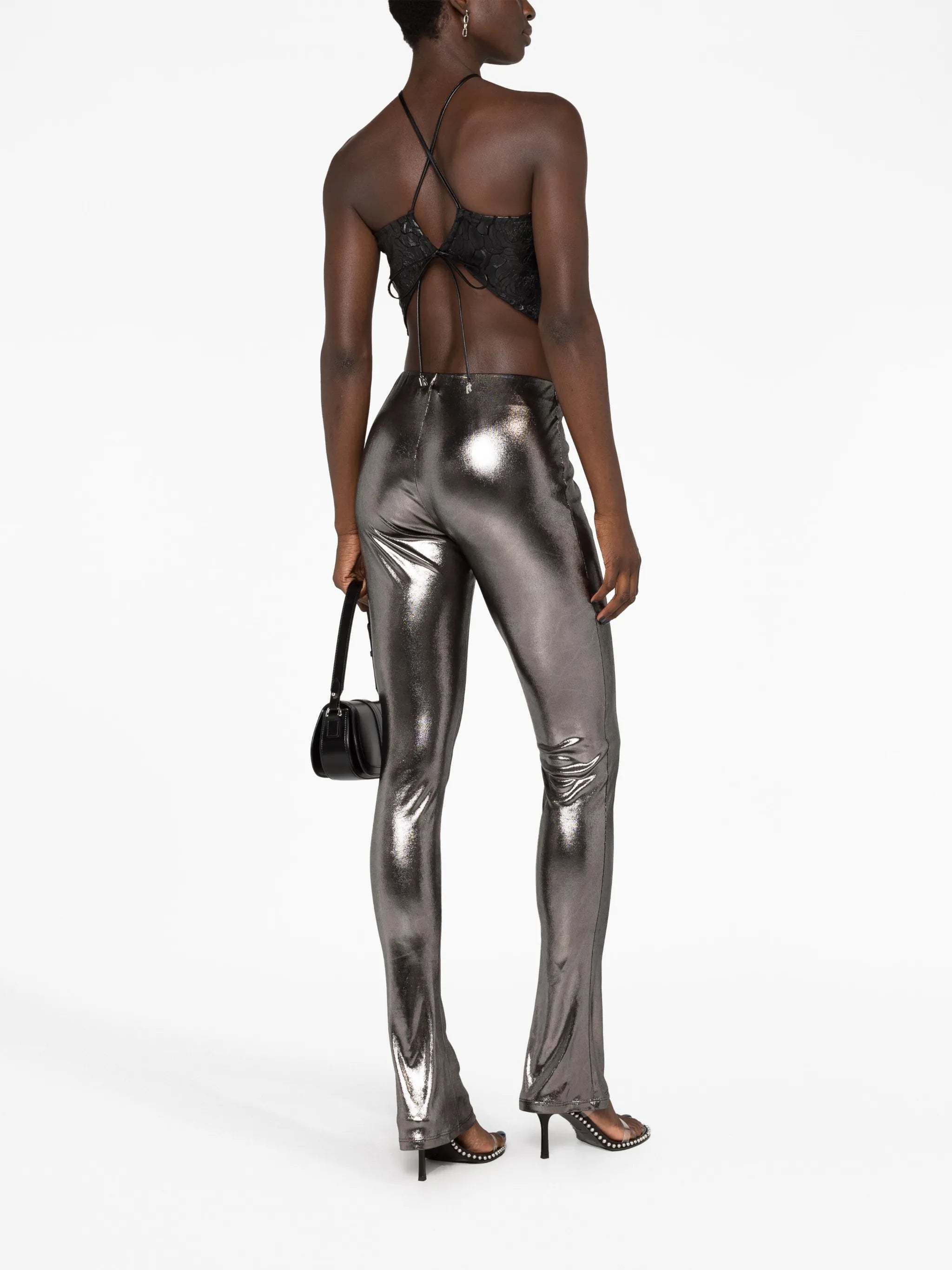 laminated-finish high-waisted trousers