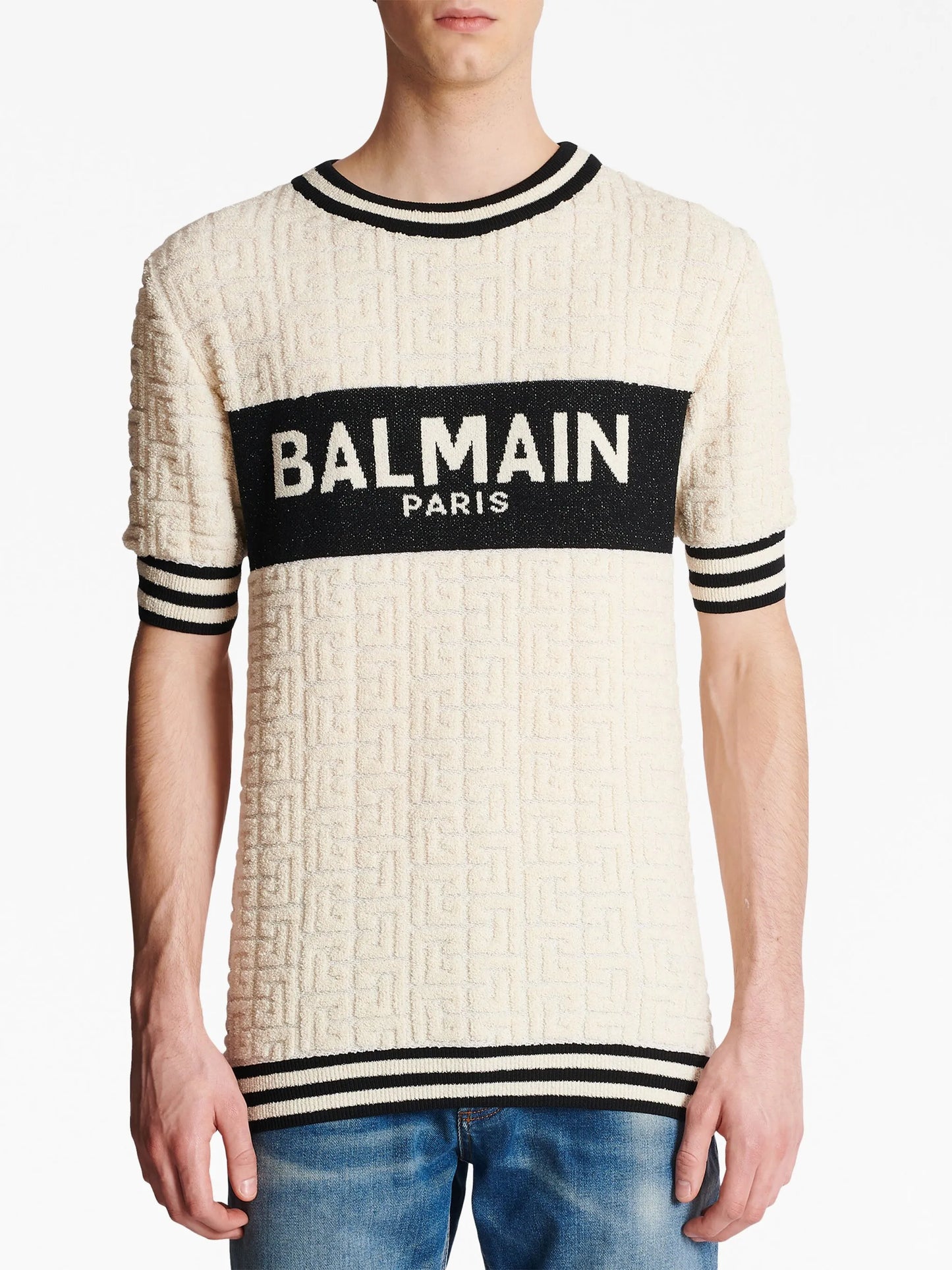 intarsia-knit logo cotton-terry T-shirt