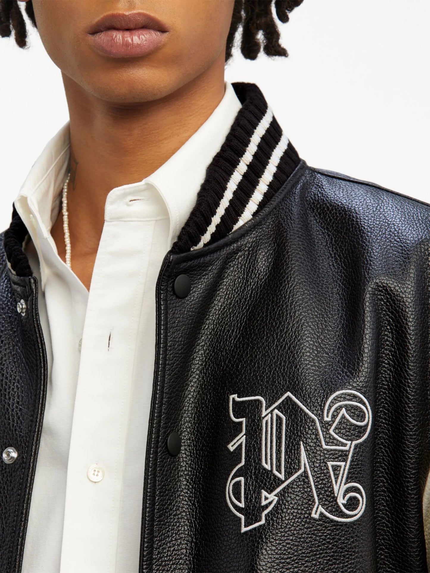 monogram-print leather varsity jacket