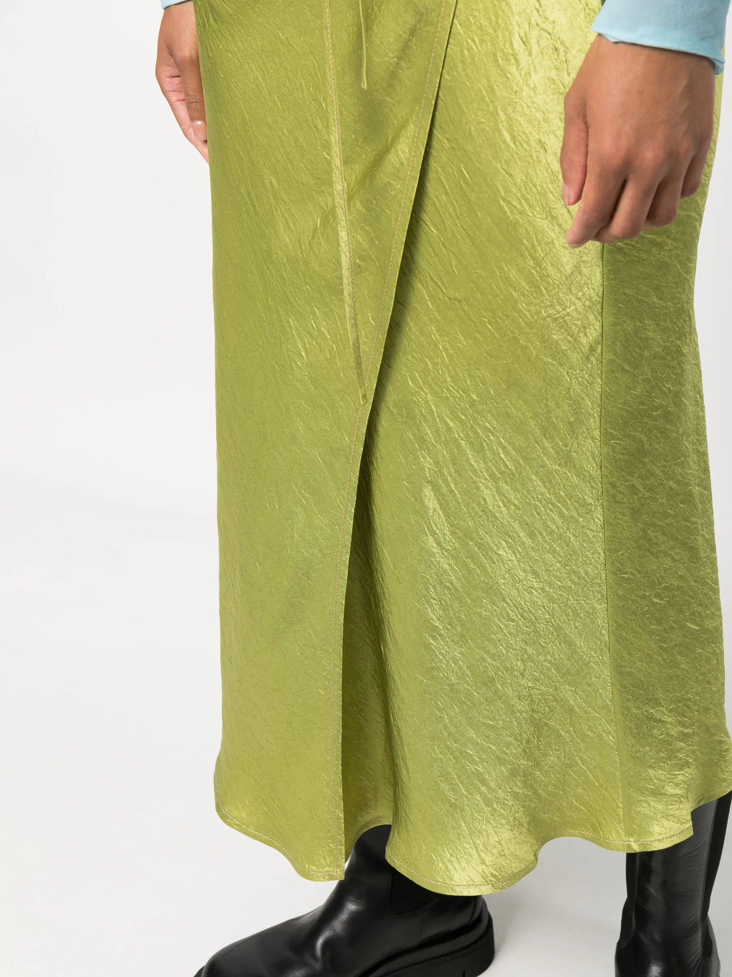 wraparound crinkled satin midi skirt