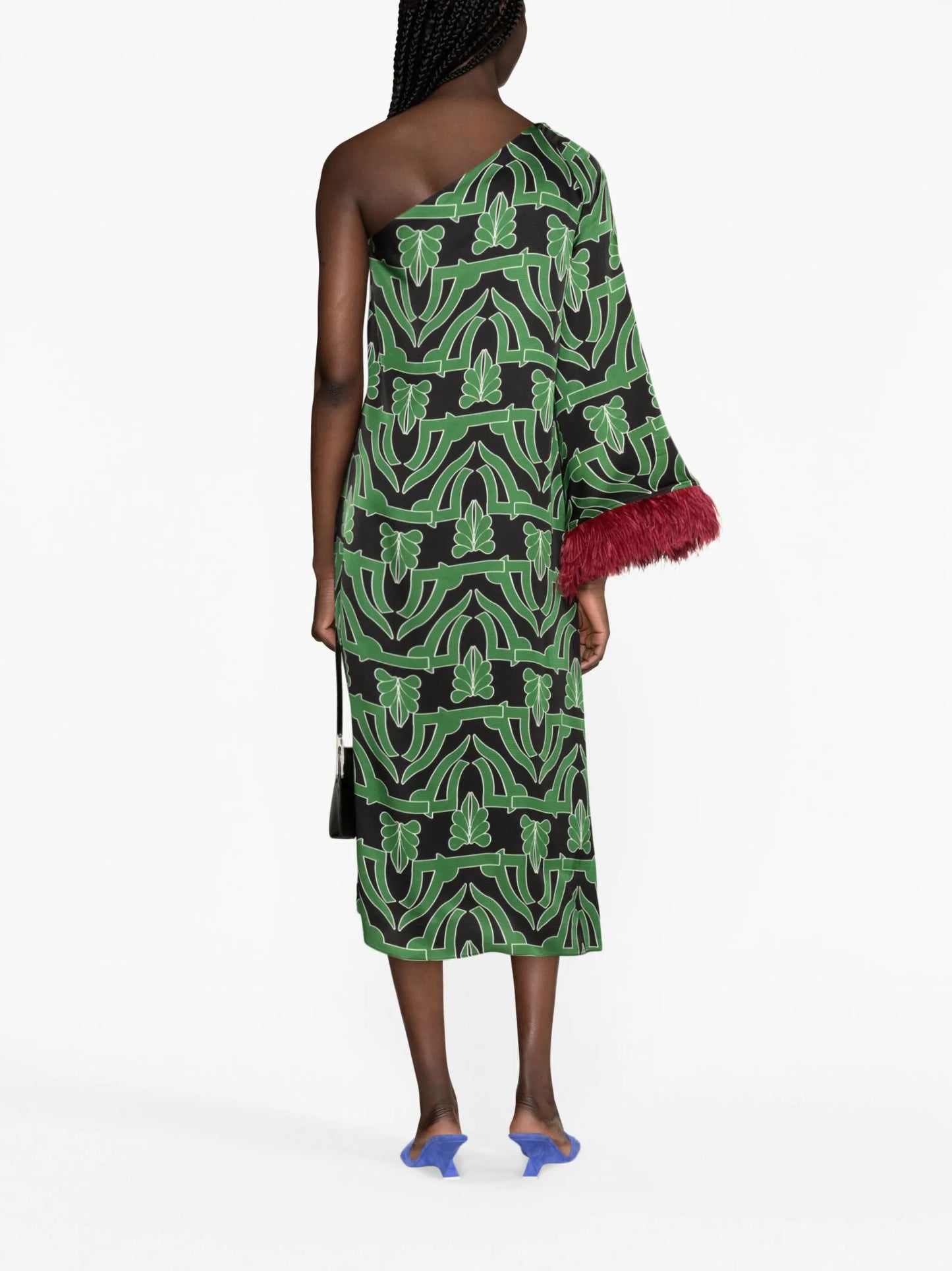 Audrey geometric-print feather-trim dress
