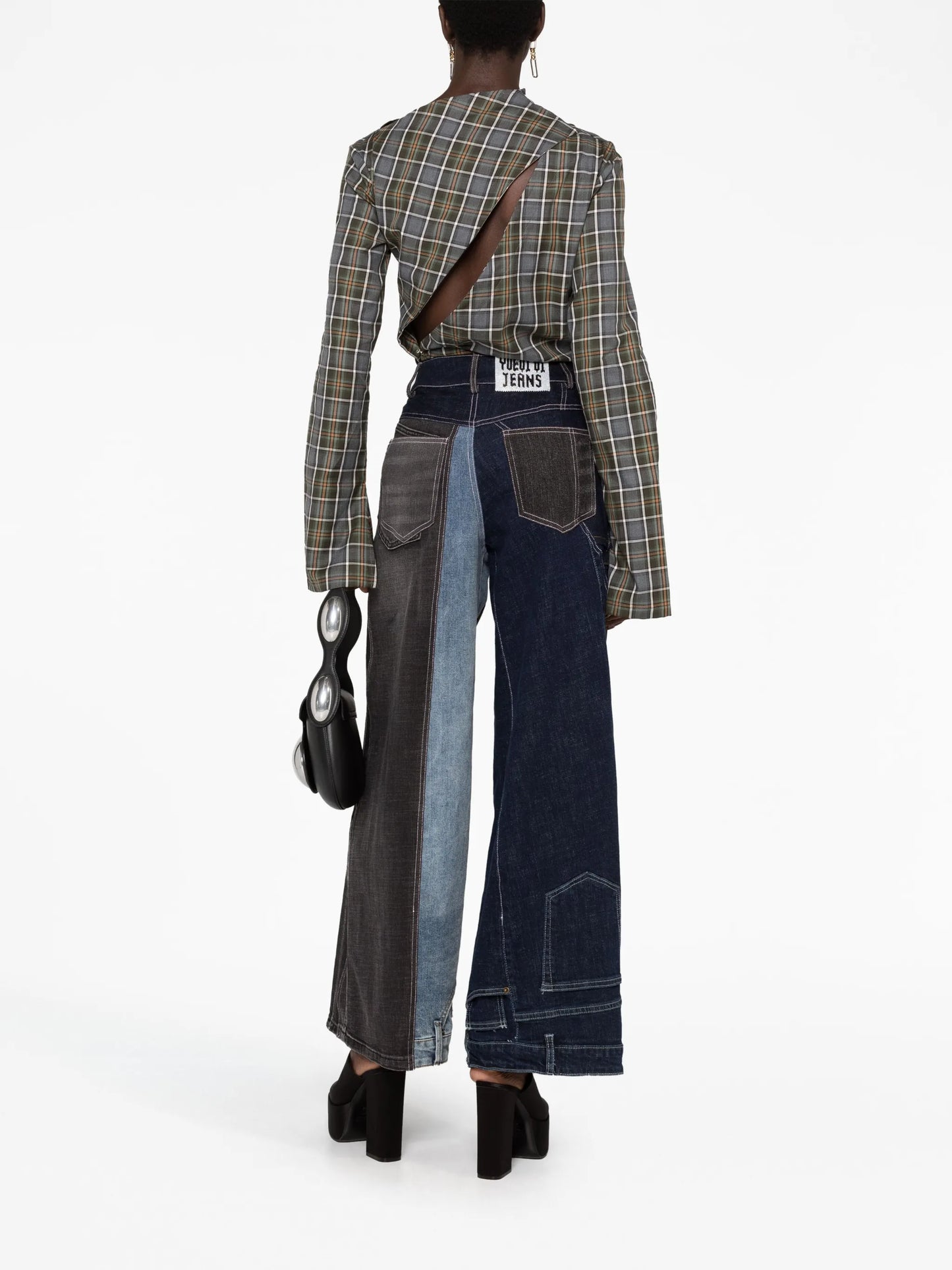 asymmetric cut-out checked shirt