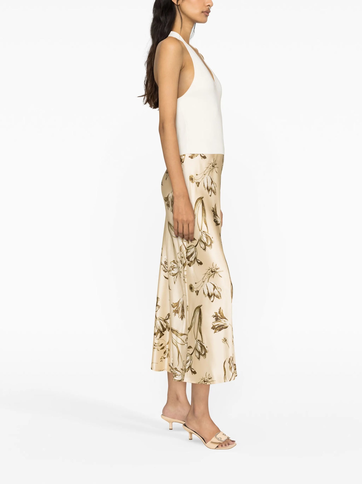 floral-print silk midi skirt