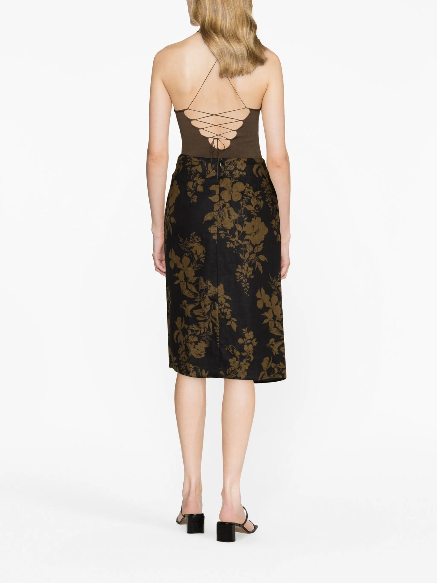 Hazel floral-print linen midi skirt