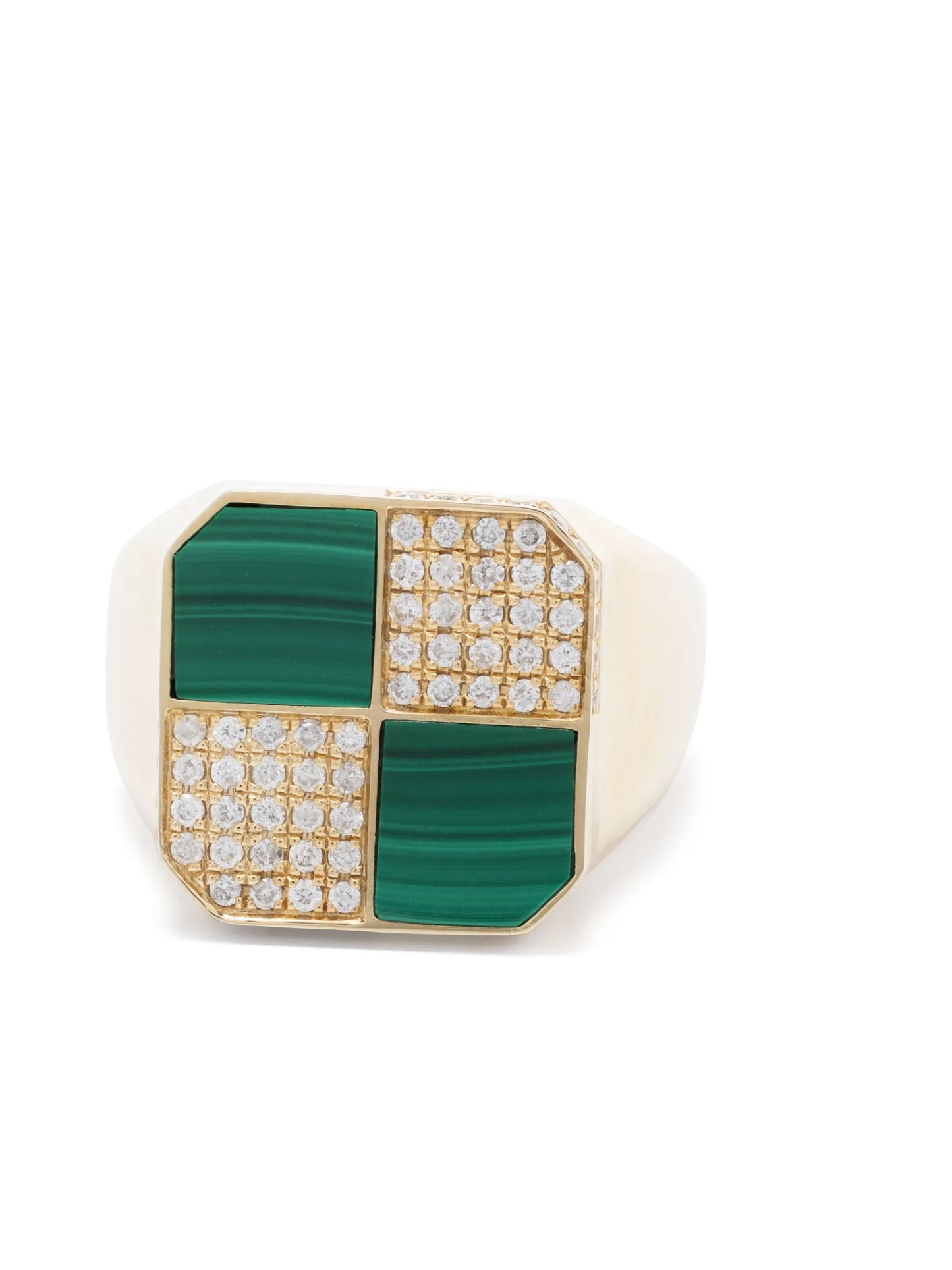 9kt yellow gold Petit Damier diamond and malachite signet ring