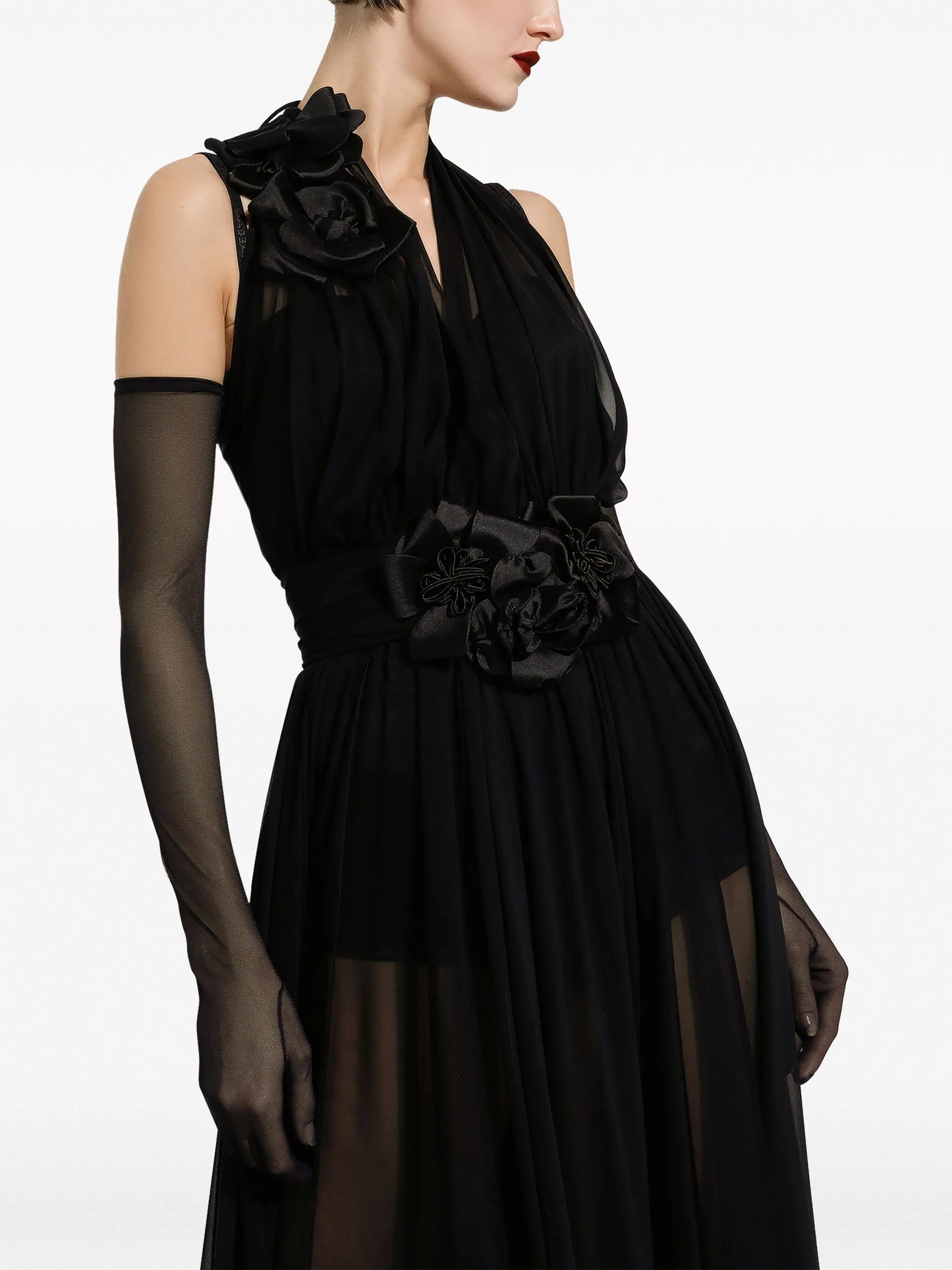 floral-detail pleated silk dress