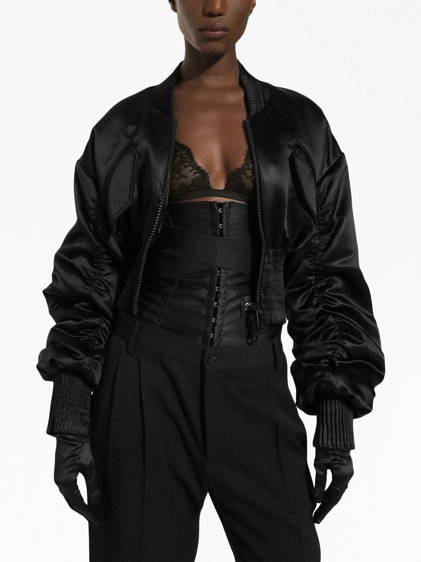 satin zip-up cropped jacket