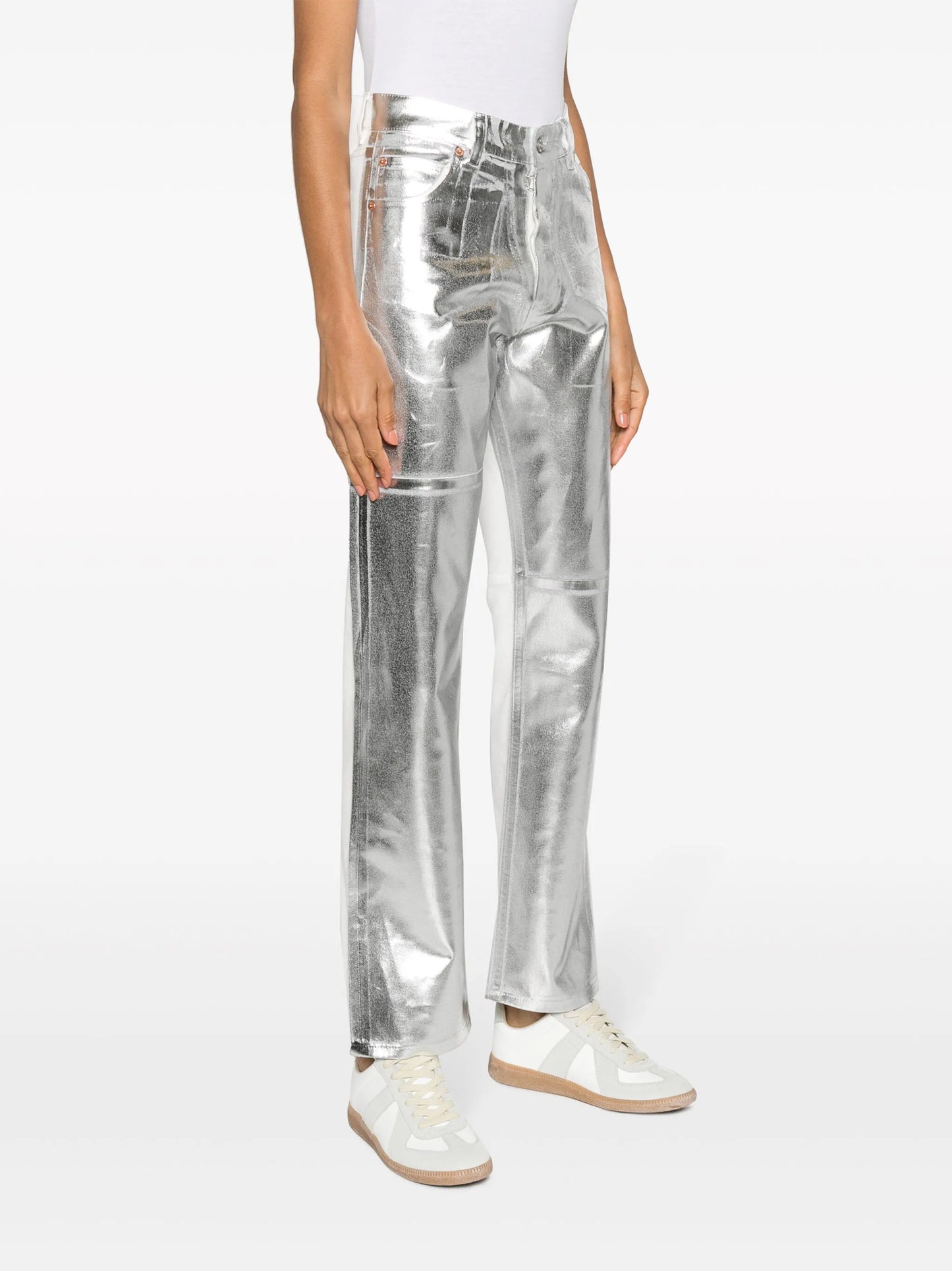 foiled-effect tapered-leg jeans