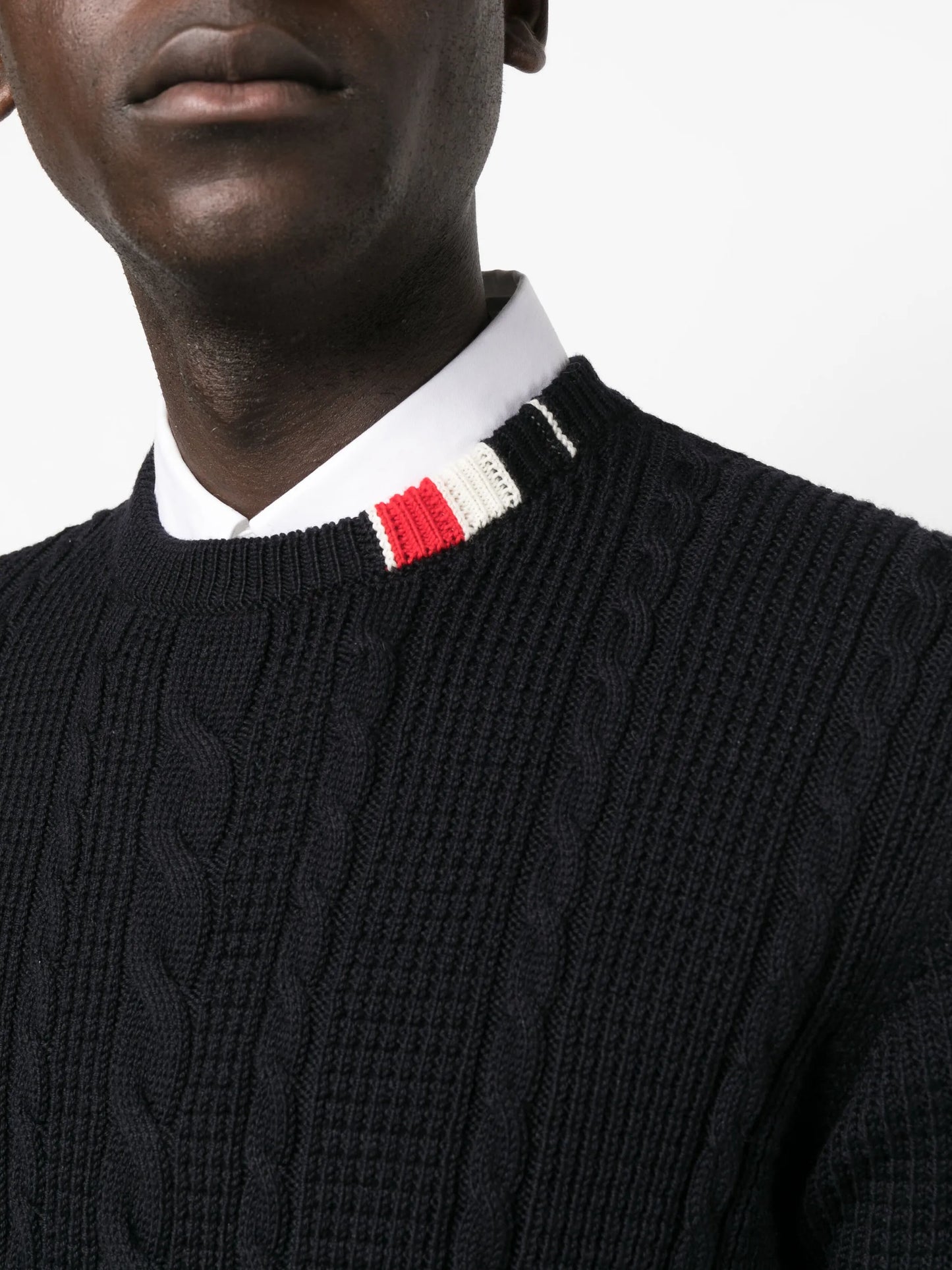 RWB-stripe cable-knit wool jumper