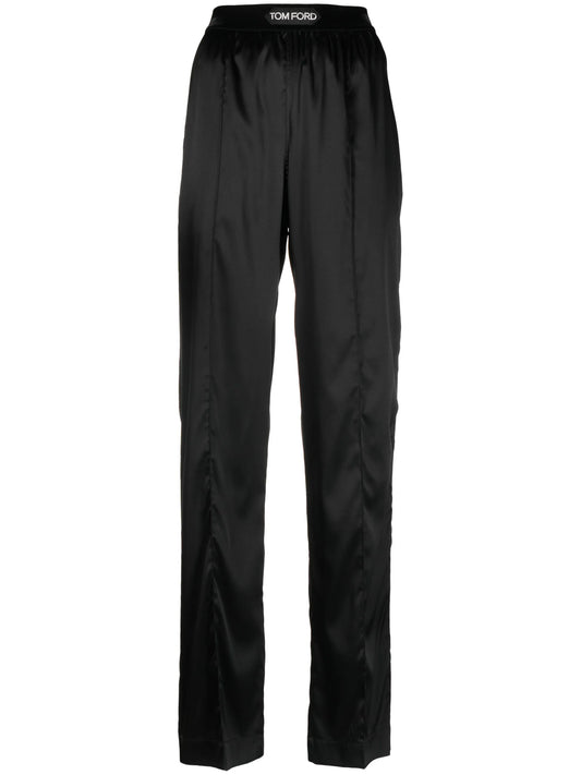 high-waisted straight-leg silk trousers