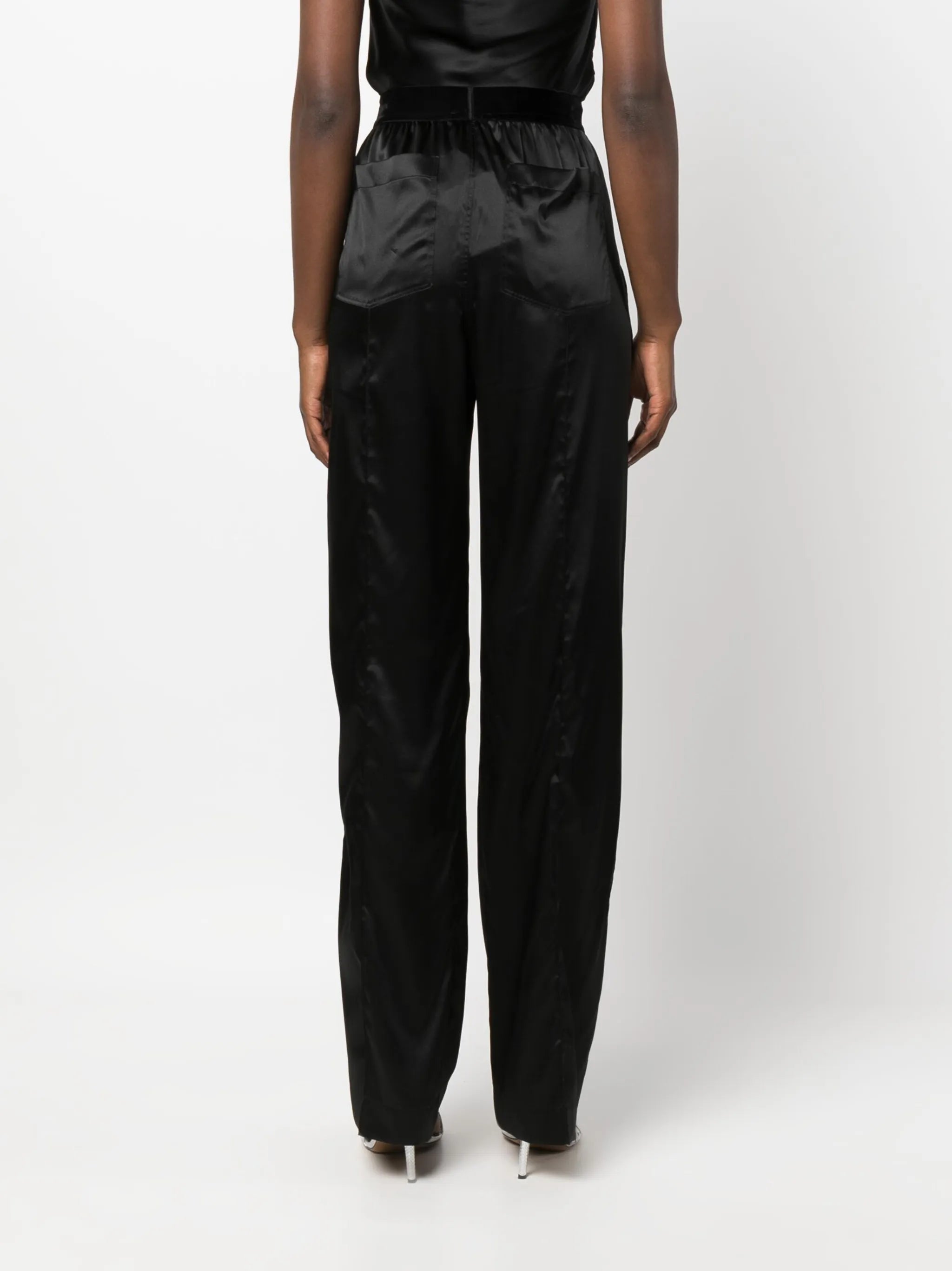 high-waisted straight-leg silk trousers