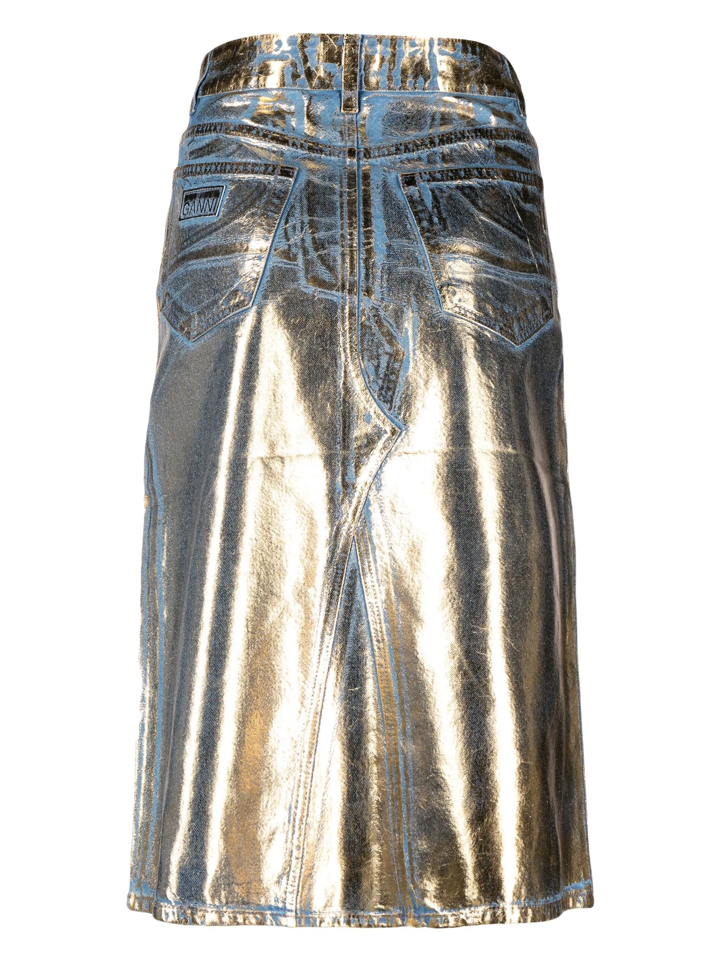 metallic-finish denim midi skirt