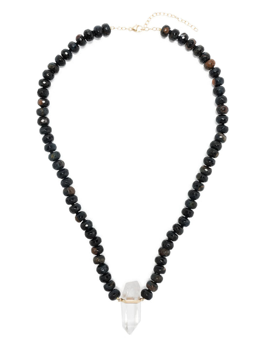 14kt yellow gold tiger eye and quartz beaded necklace