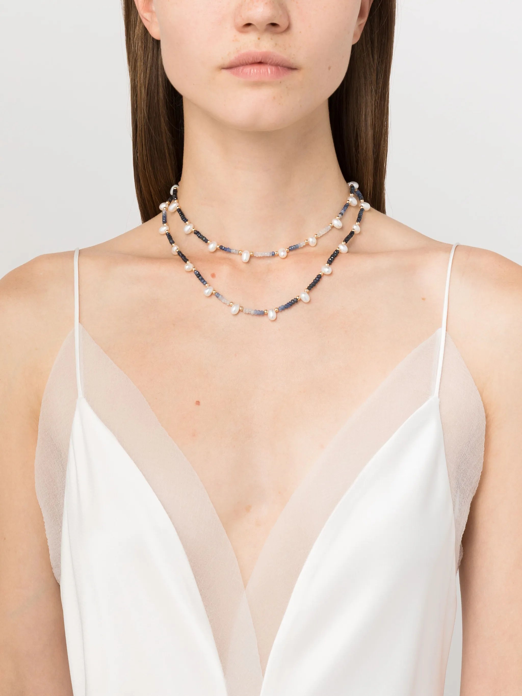 14kt yellow gold Arizona sapphire and pearl beaded necklace