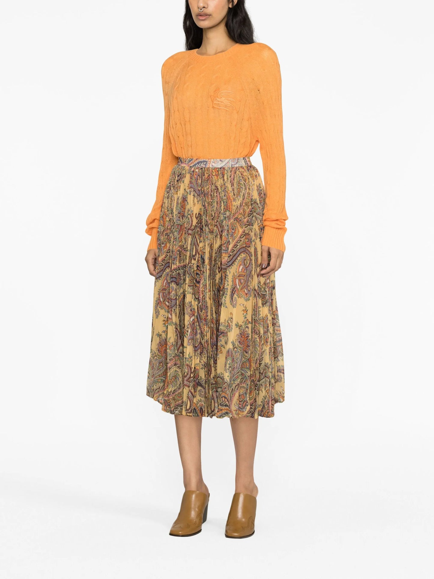 paisley-print pleated silk midi skirt