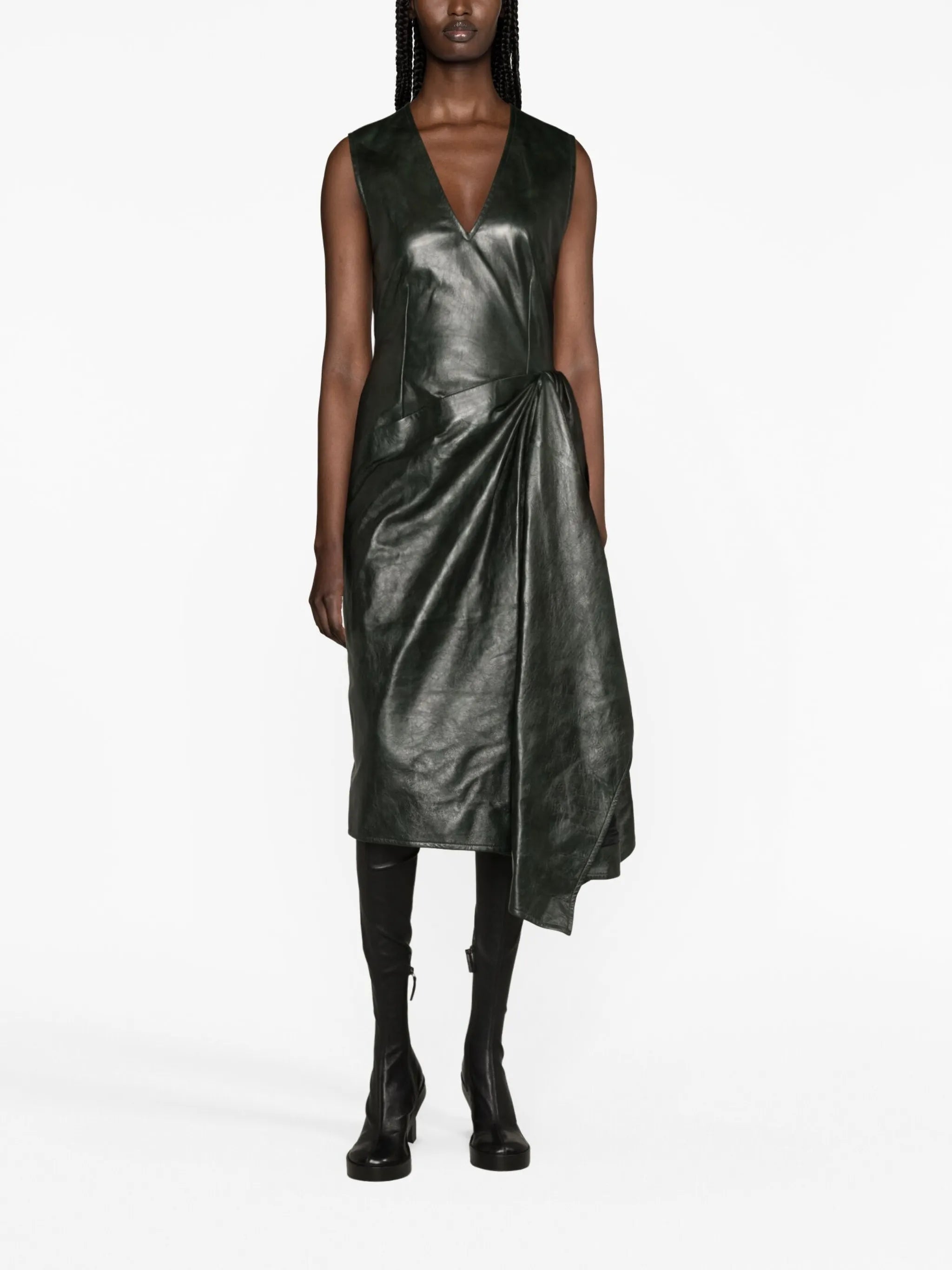 draped leather midi dress