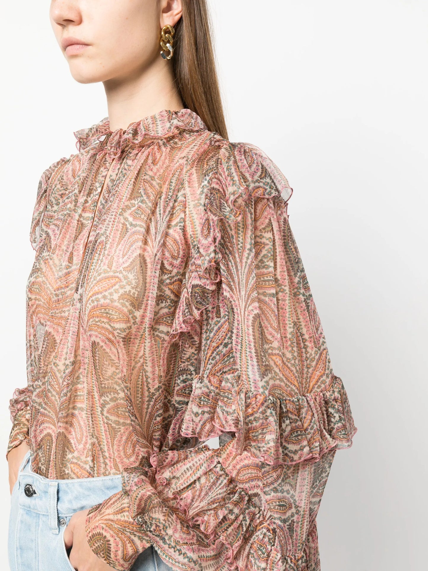 ruffled paisley-print silk blouse