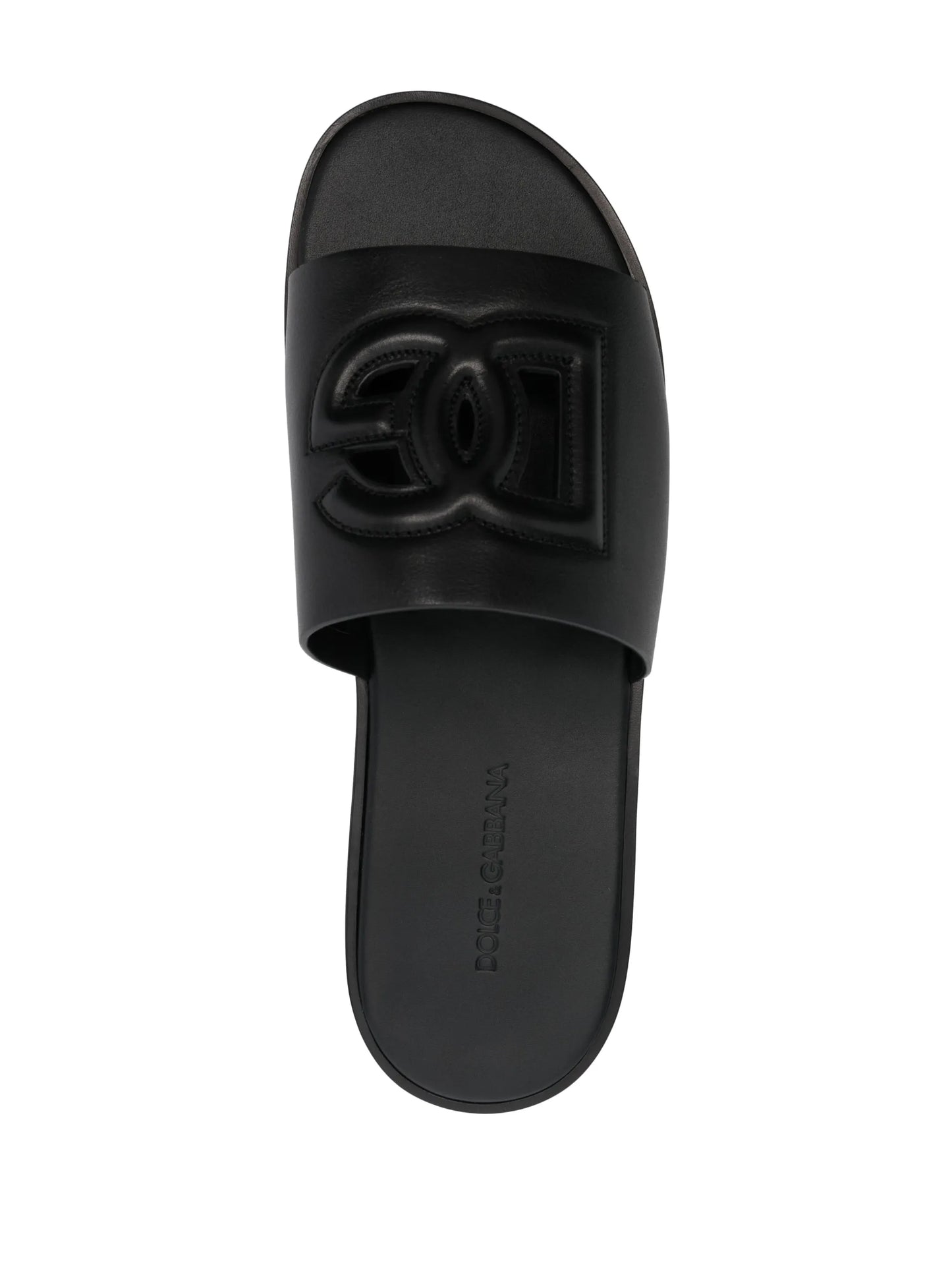 embossed-logo leather slides