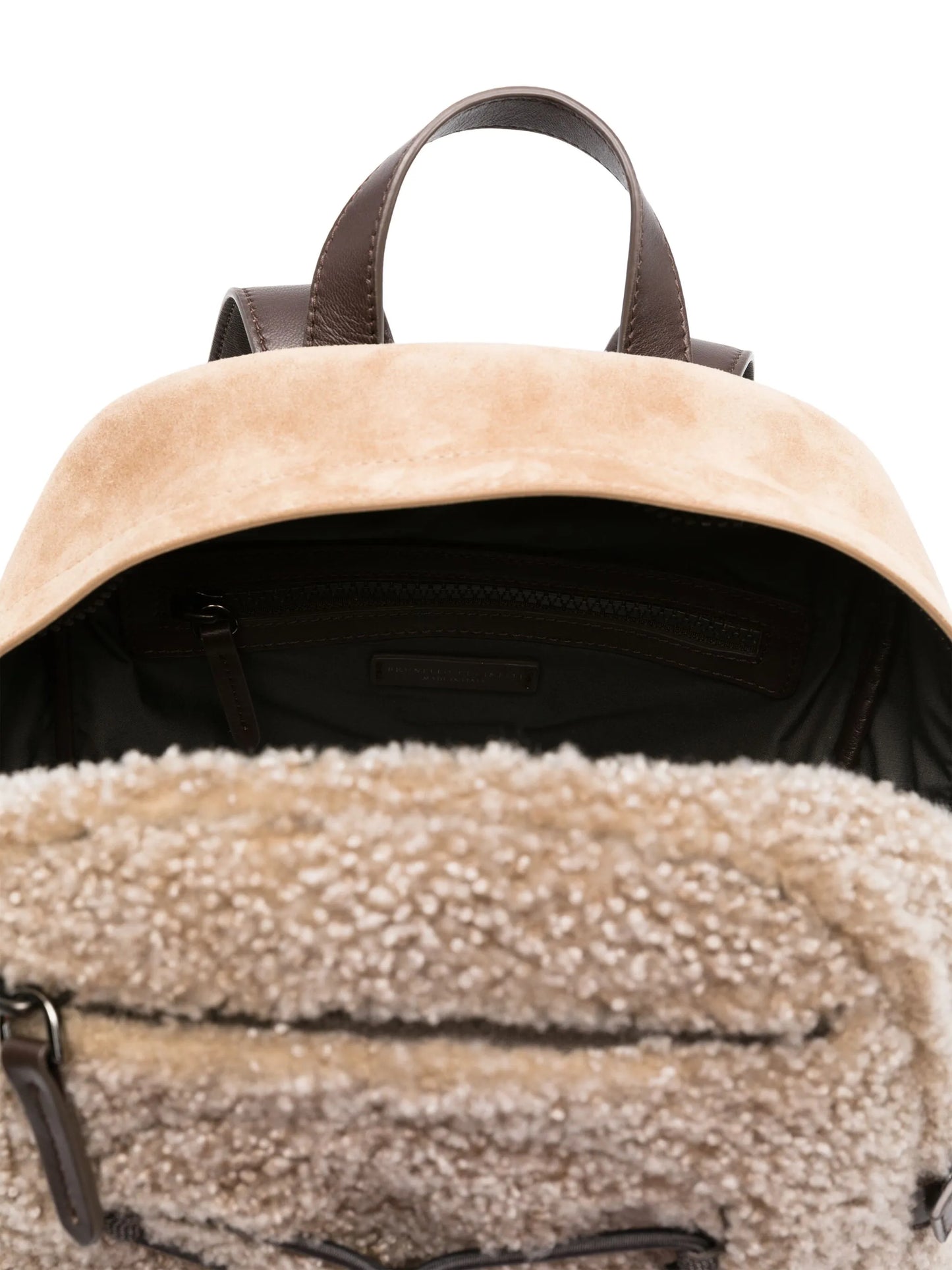 shearling-trim leather backpack